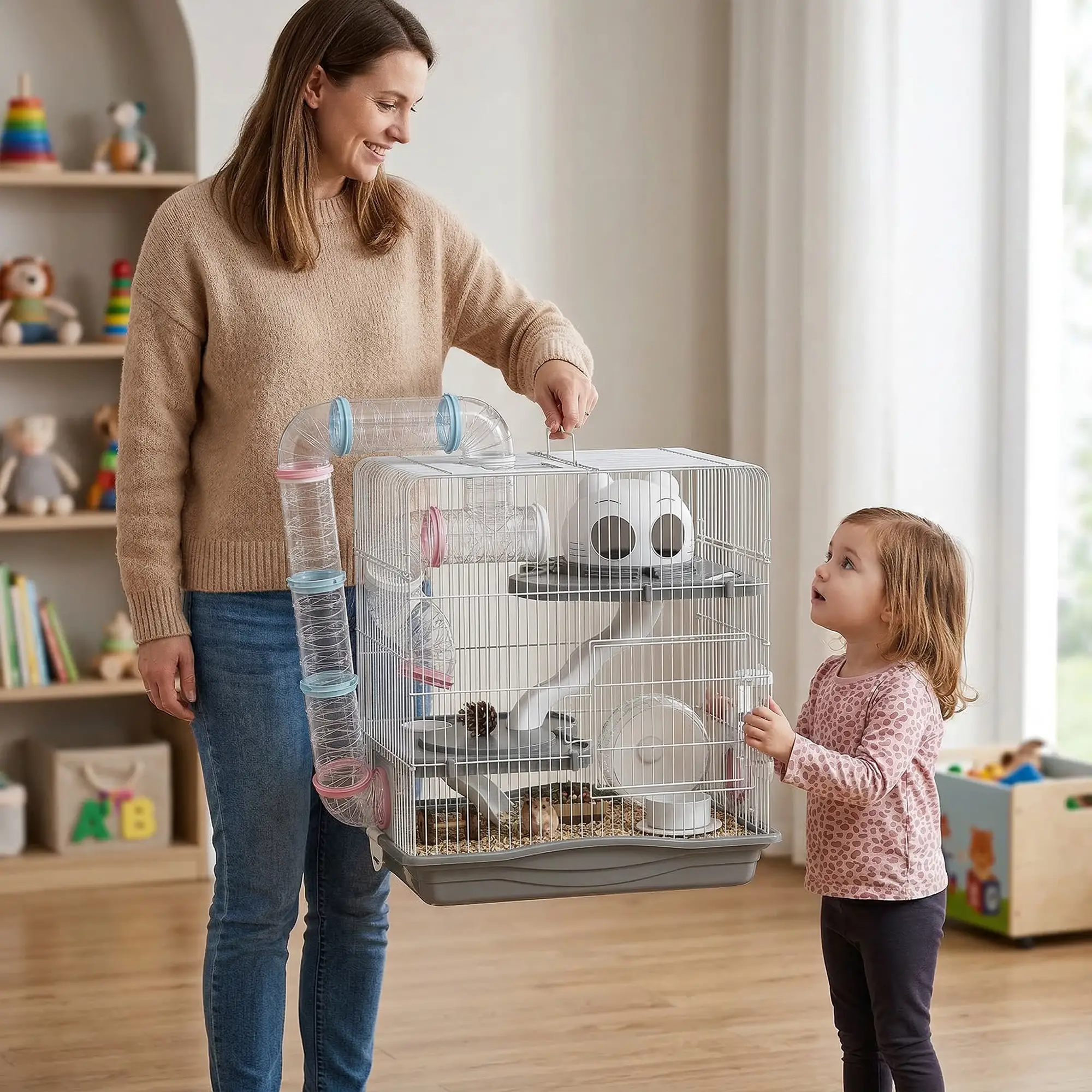 3-Tier Hamster Cage With Exercise Wheels, Grey - Image 9