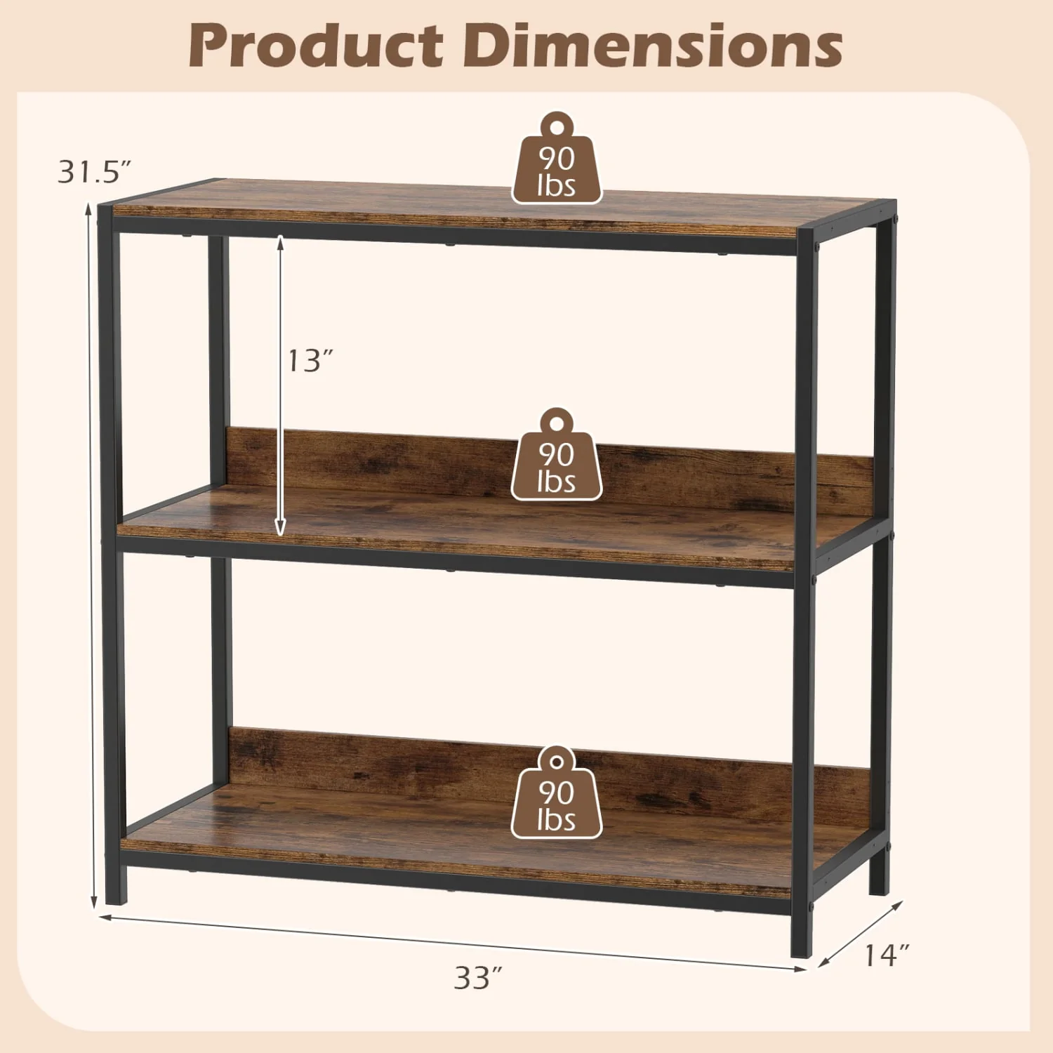 3-Tier Industrial Bookshelf, Rustic Brown - Image 5