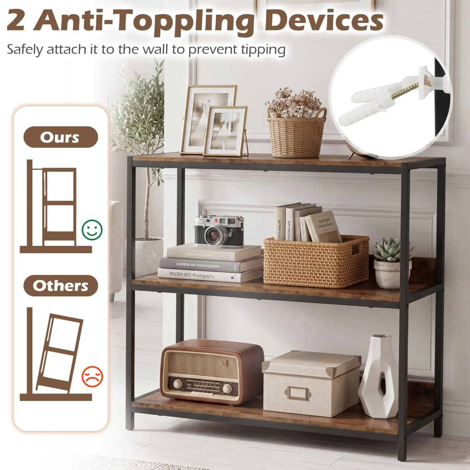 3-Tier Industrial Bookshelf, Rustic Brown - Image 7