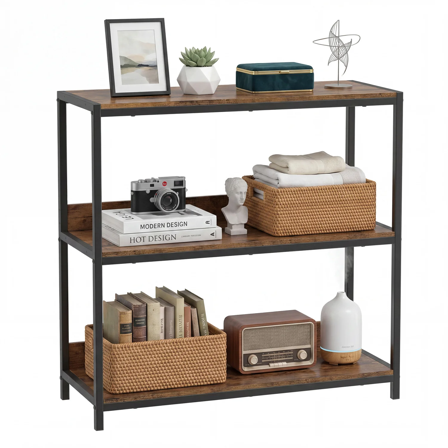 3-Tier Industrial Bookshelf, Wood Shelves, Metal Frame