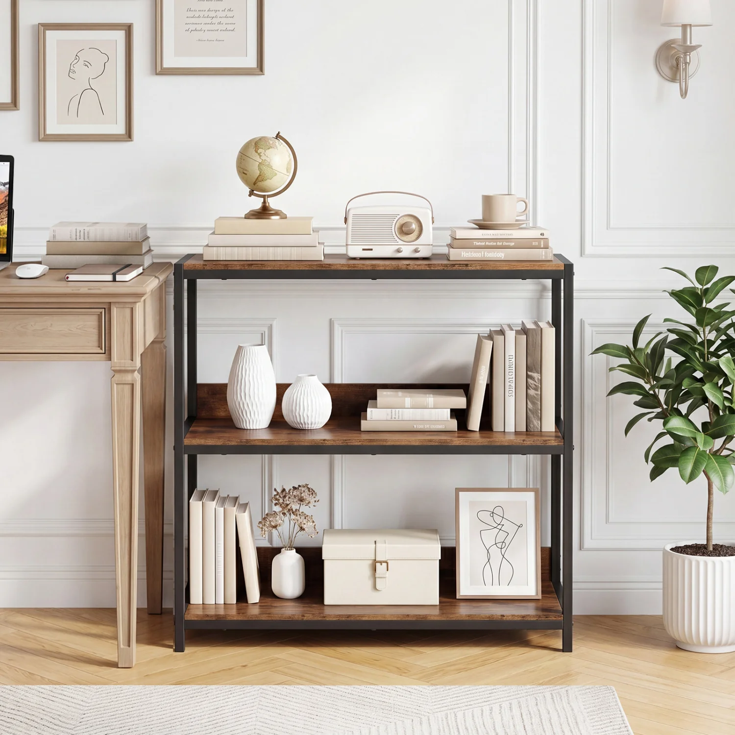 3-Tier Industrial Bookshelf, Wood Shelves, Metal Frame - Image 3