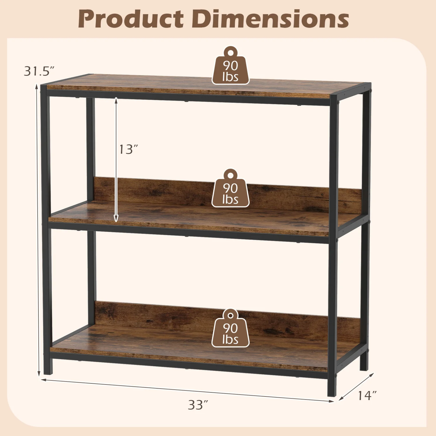 3-Tier Industrial Bookshelf, Wood Shelves, Metal Frame - Image 5