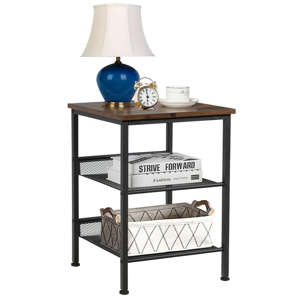 3-Tier Industrial End Table, Mesh Shelves, Adjustable Shelves, Rustic Brown - Image 5