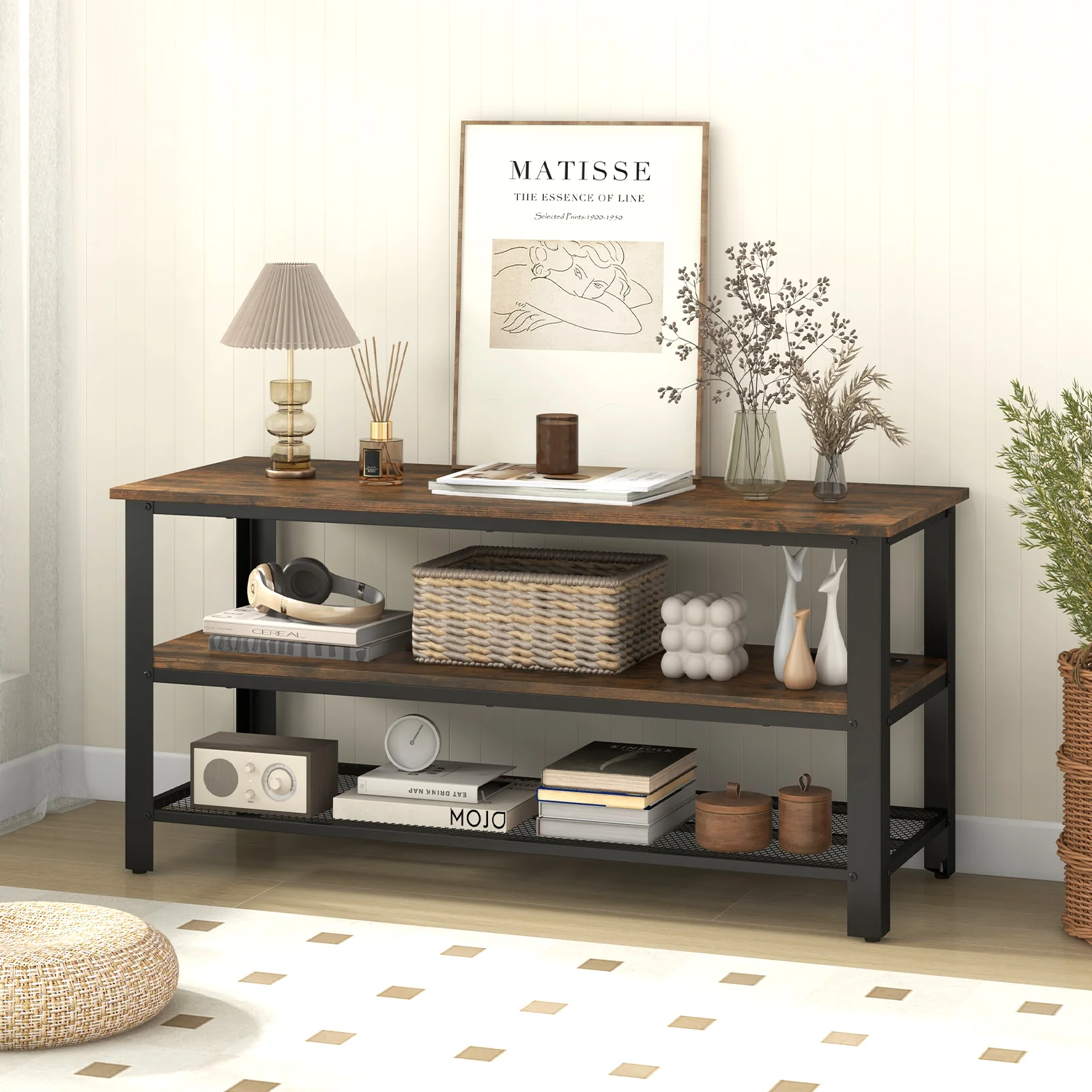 3-Tier Industrial TV Stand, Metal Mesh Shelf, Brown - Image 2