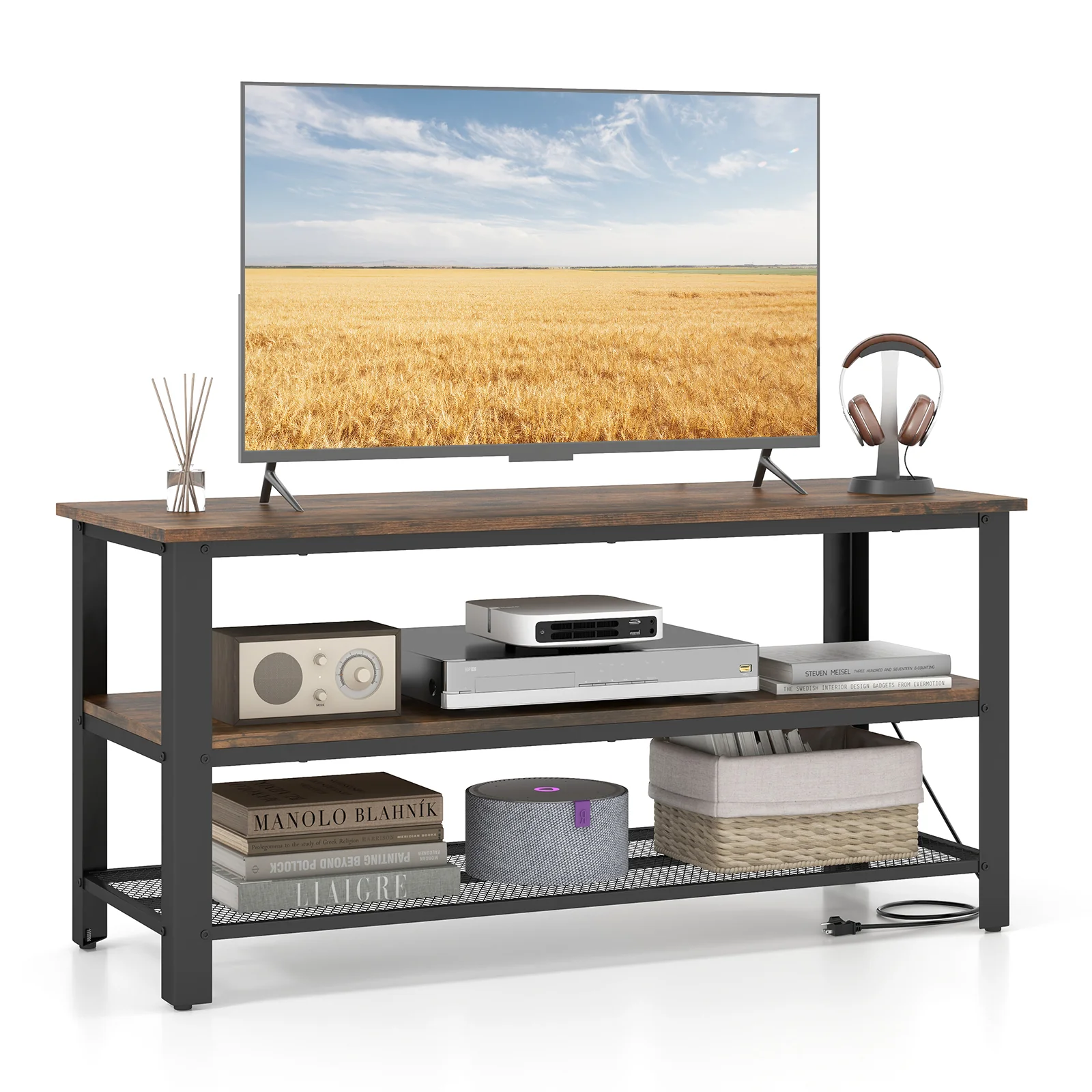 3-Tier Industrial TV Stand, Metal Mesh Shelf, Brown - Image 3