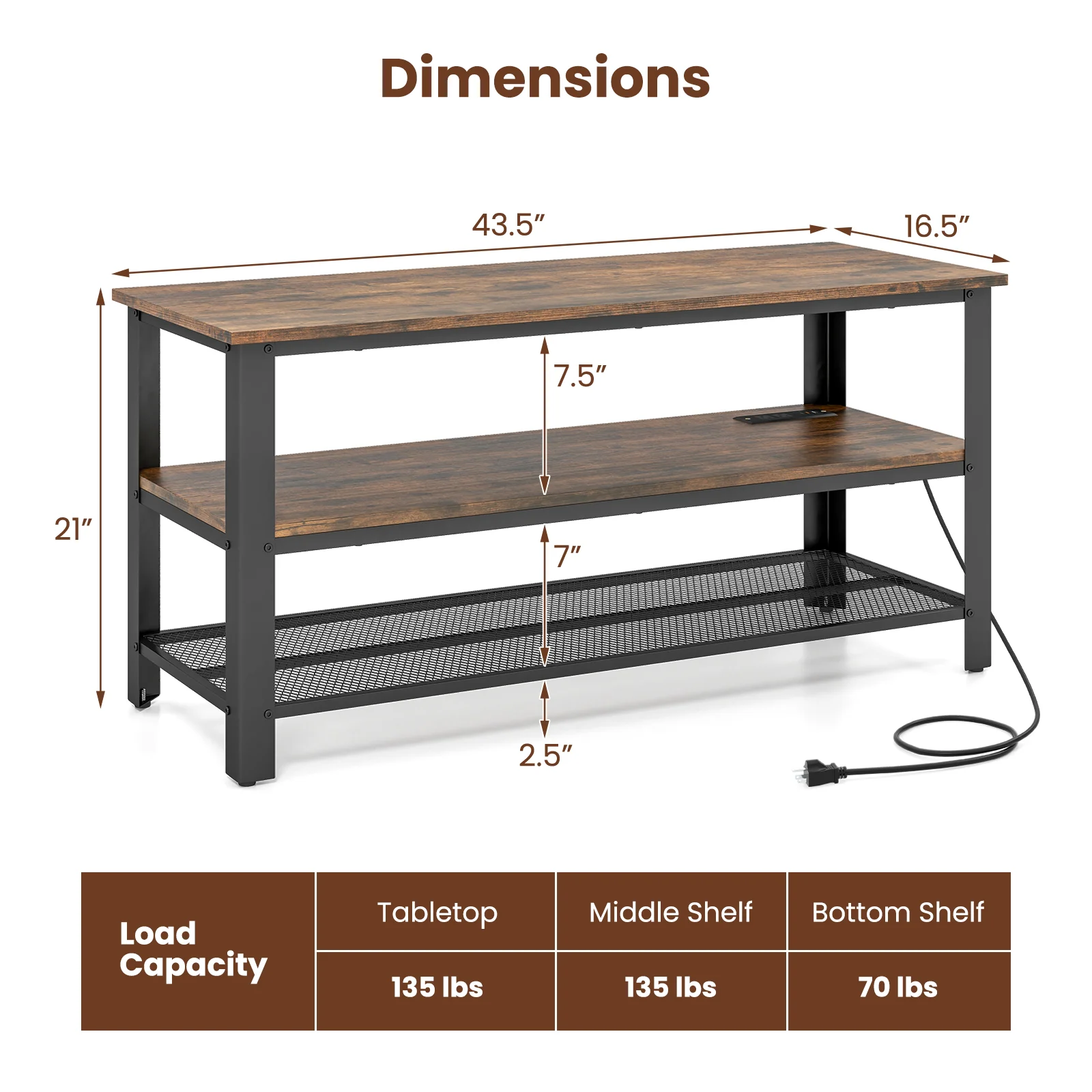 3-Tier Industrial TV Stand, Metal Mesh Shelf, Brown - Image 4
