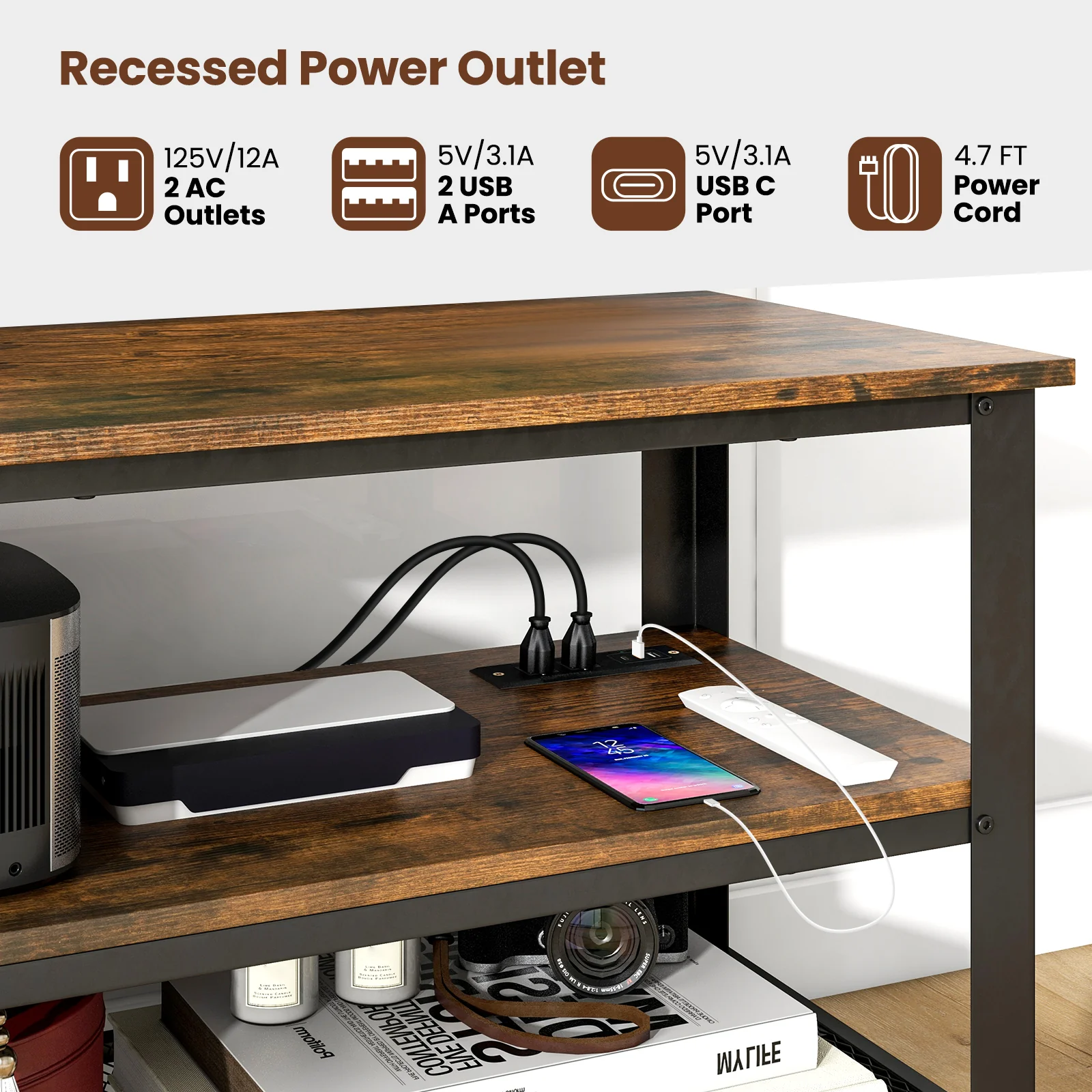 3-Tier Industrial TV Stand, Metal Mesh Shelf, Brown - Image 5