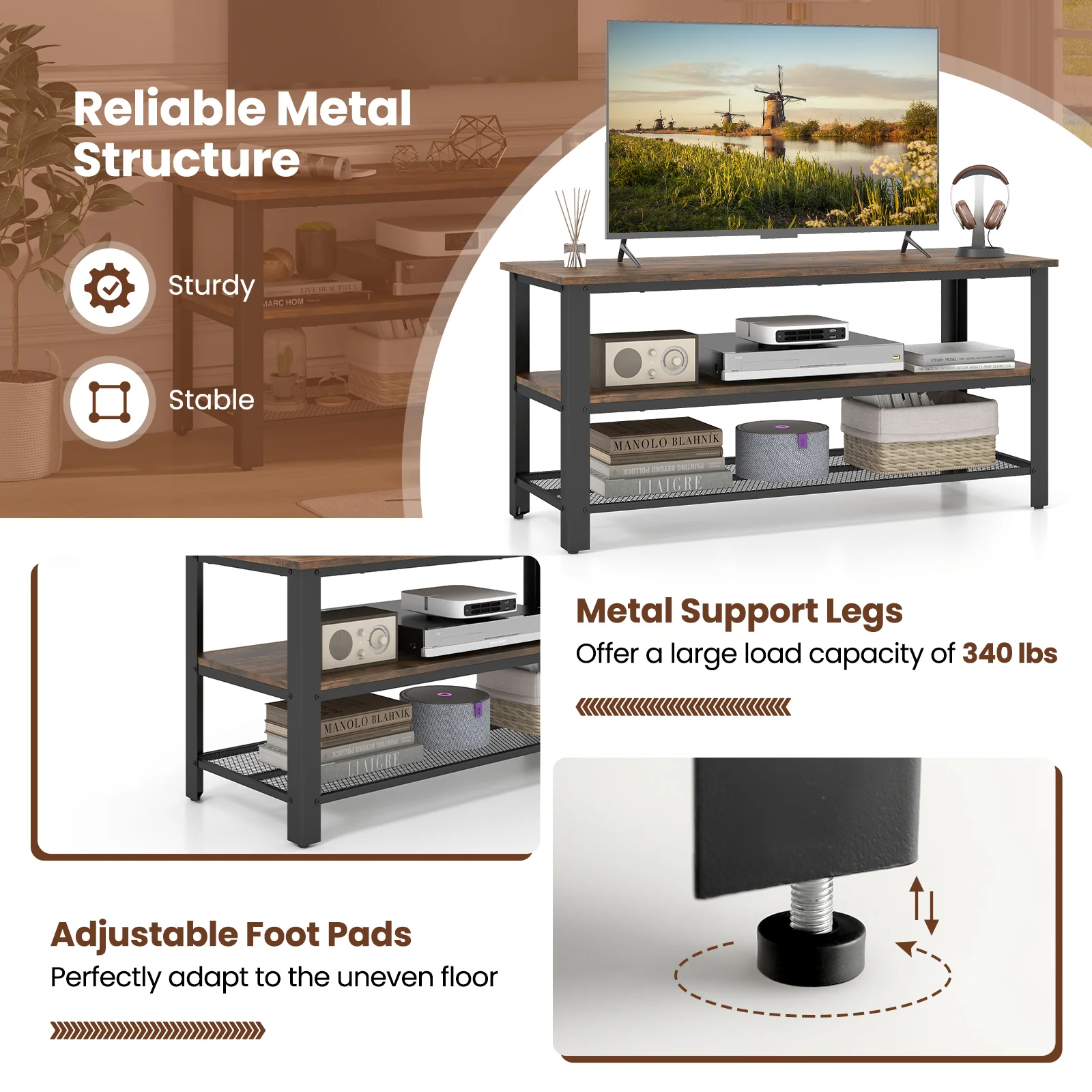 3-Tier Industrial TV Stand, Metal Mesh Shelf, Brown - Image 7