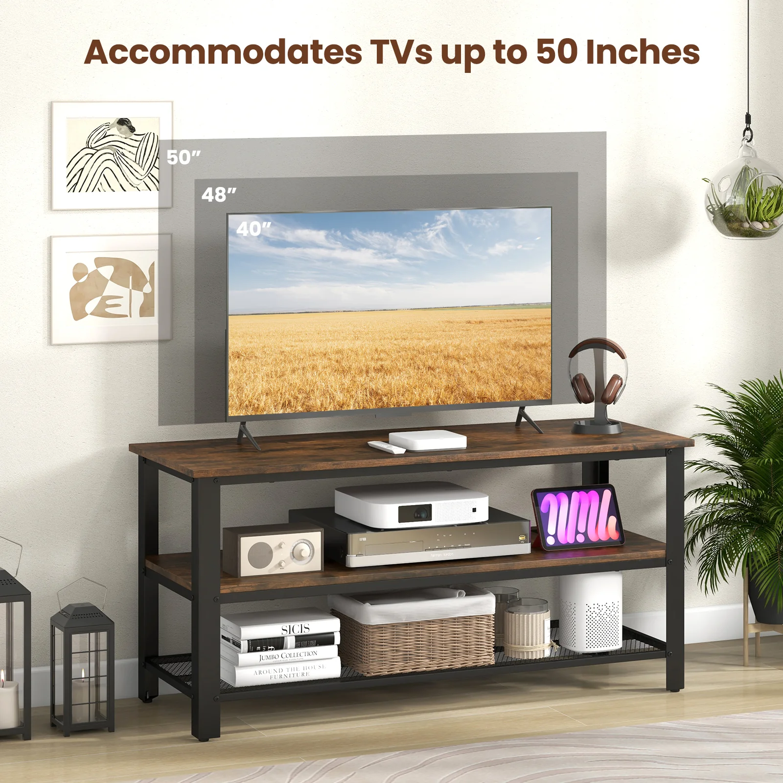 3-Tier Industrial TV Stand, Metal Mesh Shelf, Brown - Image 8