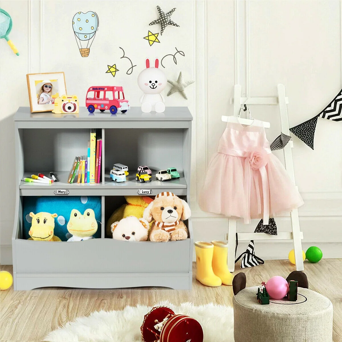 3-Tier Kids Bookcase Storage Organizer, Gray - Image 2