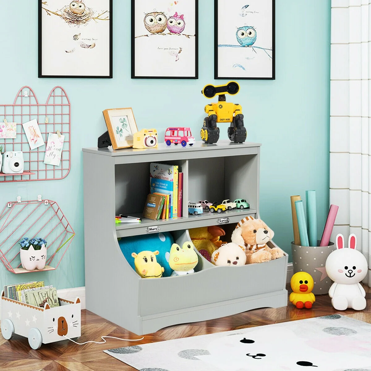 3-Tier Kids Bookcase Storage Organizer, Gray - Image 3