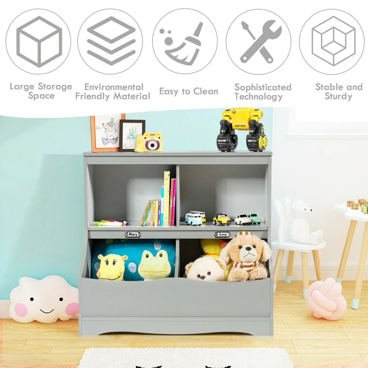 3-Tier Kids Bookcase Storage Organizer, Gray - Image 7