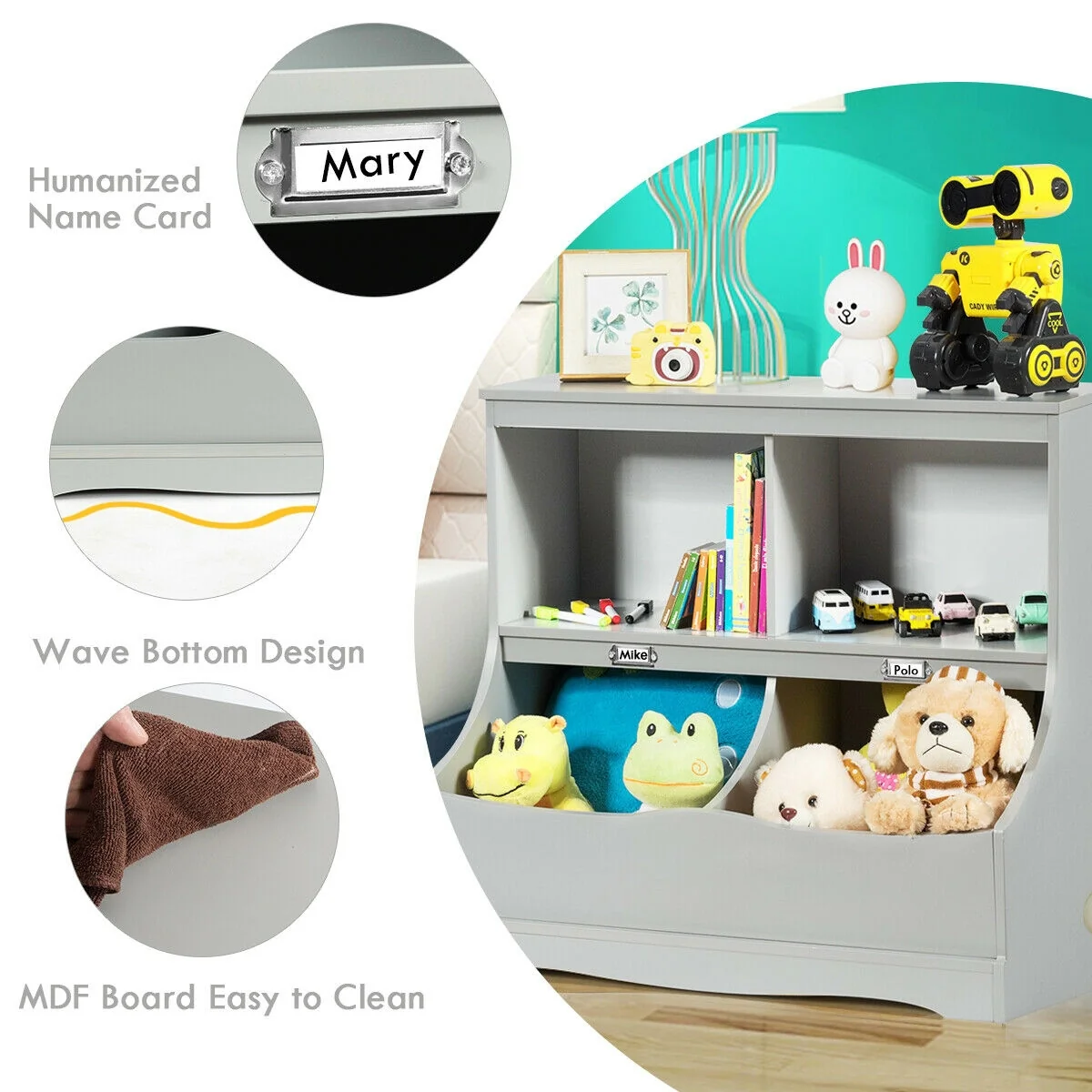 3-Tier Kids Bookcase Storage Organizer, Gray - Image 8
