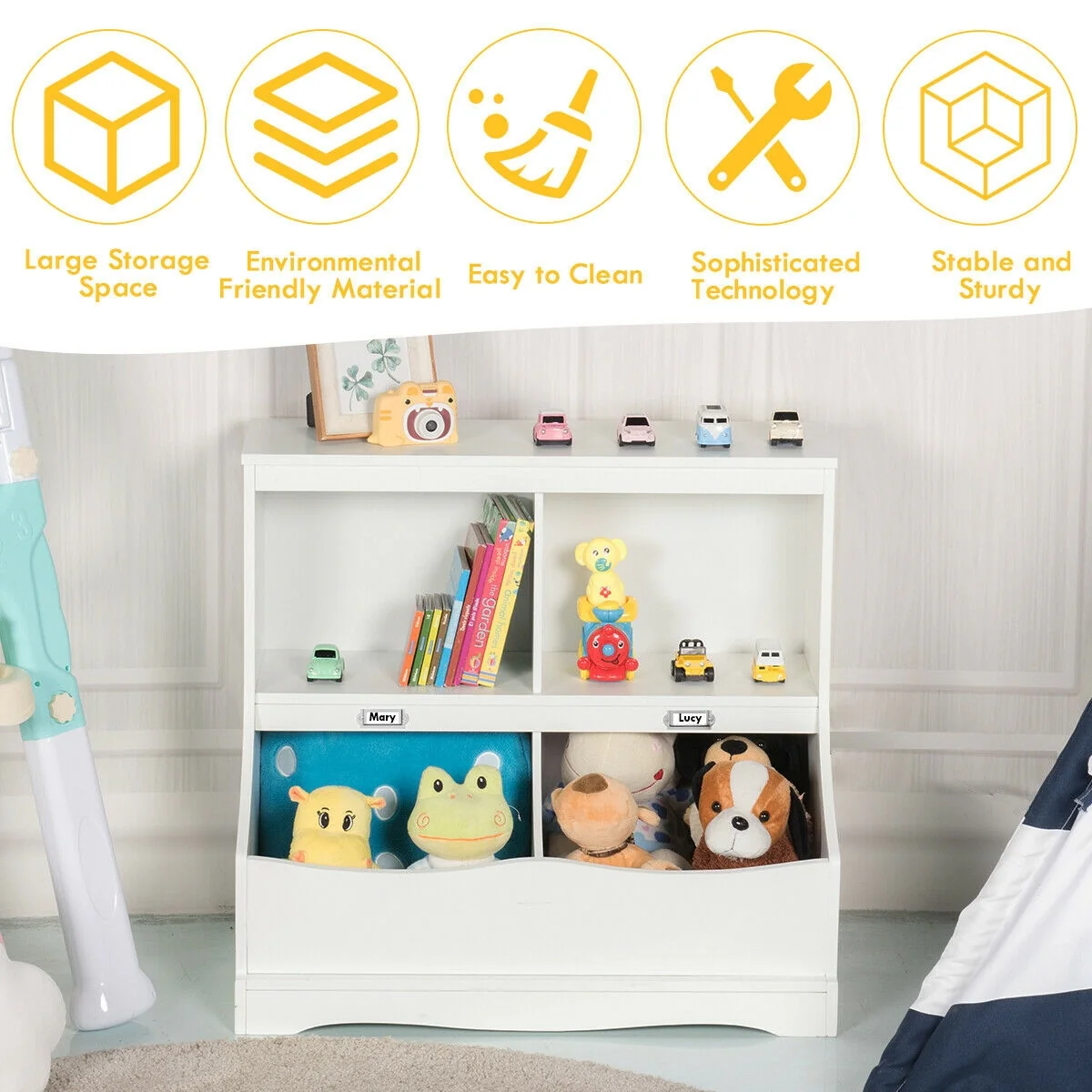 3-Tier Kids Bookcase Storage Organizer, White - Image 4