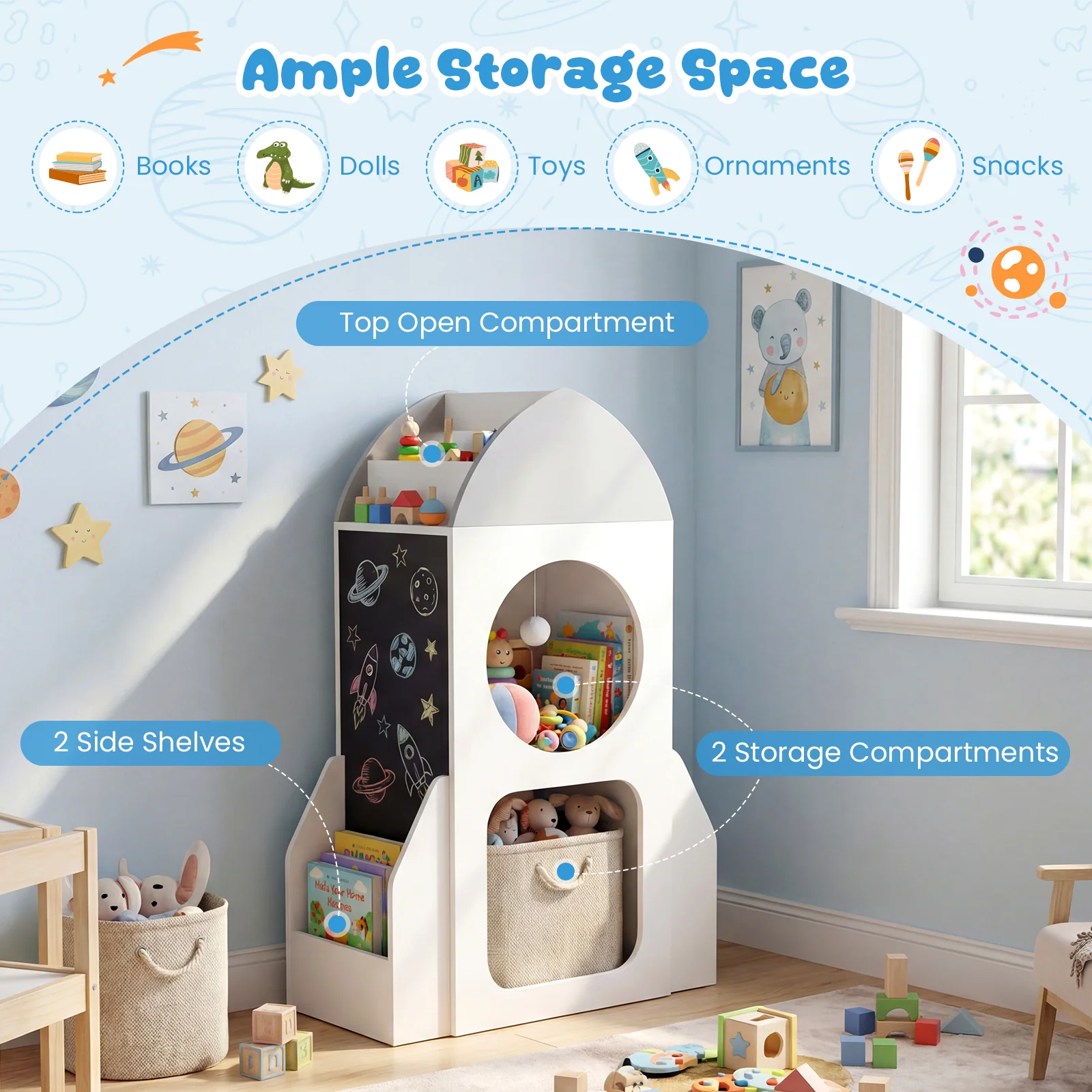 3-Tier Kids Bookshelf Rocket Space Theme Toddler Toy Storage Organizer, White - Image 10