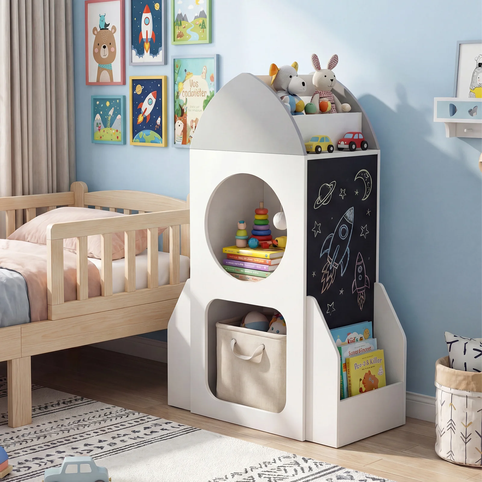 3-Tier Kids Bookshelf Rocket Space Theme Toddler Toy Storage Organizer, White - Image 3