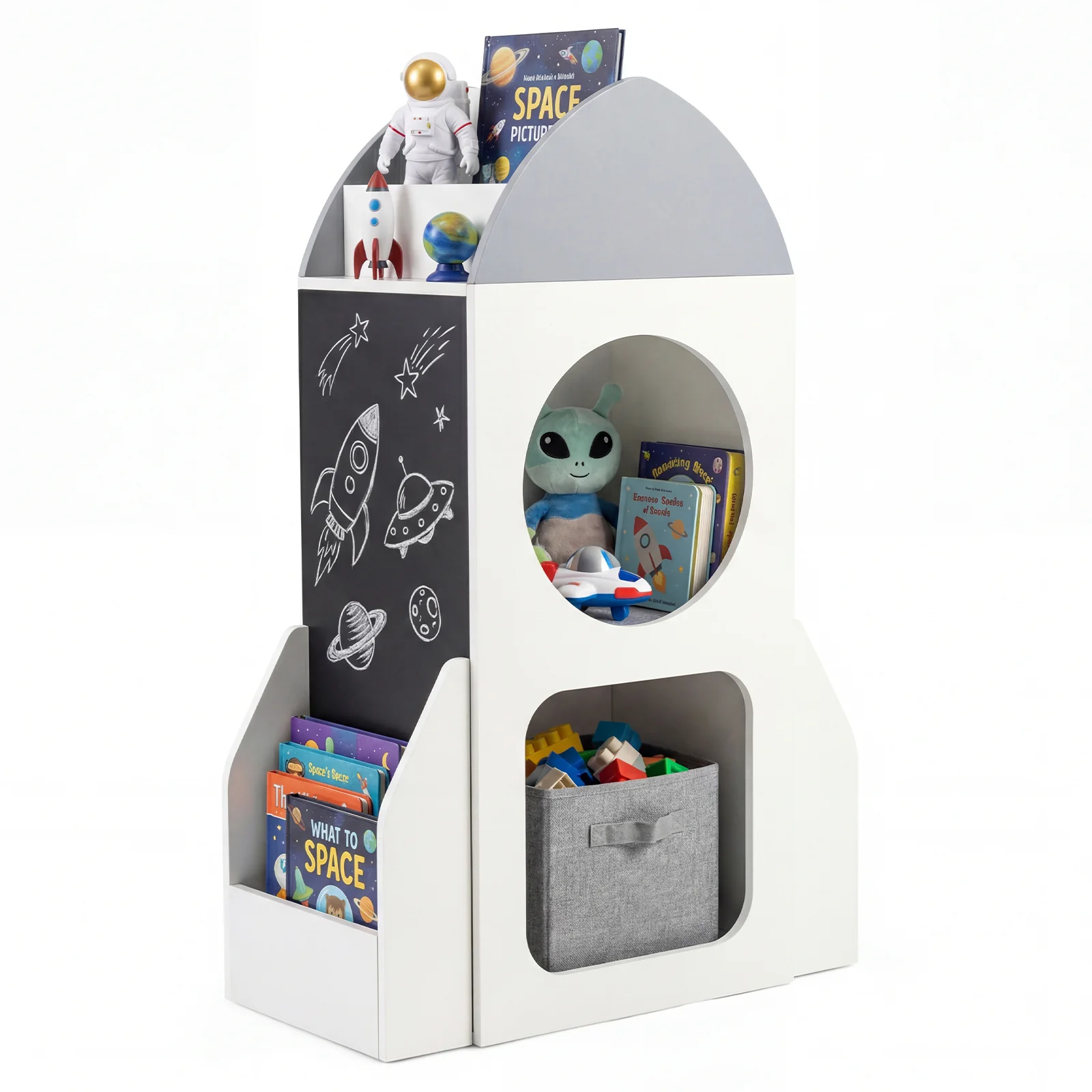 3-Tier Kids Bookshelf Rocket Space Theme Toddler Toy Storage Organizer, White - Image 5