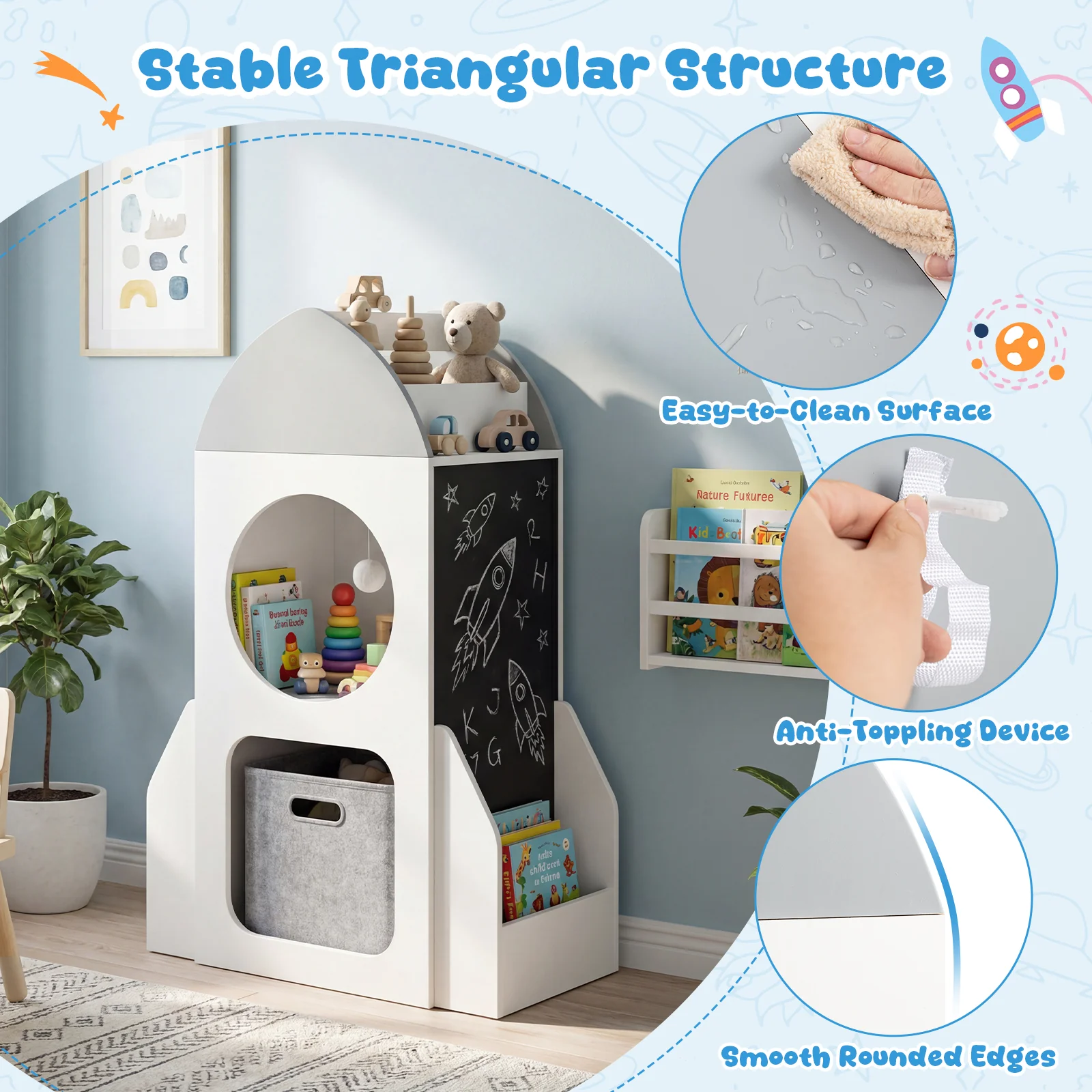 3-Tier Kids Bookshelf Rocket Space Theme Toddler Toy Storage Organizer, White - Image 8