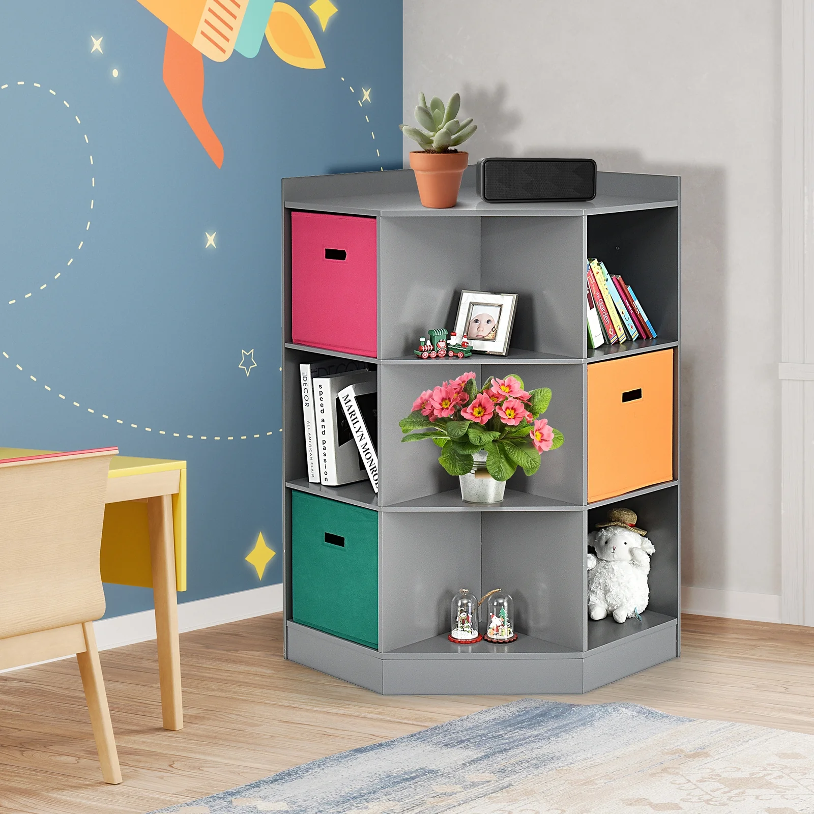3-Tier Kids Storage Shelf, Corner Cabinet With 3 Baskets, Gray - Image 2