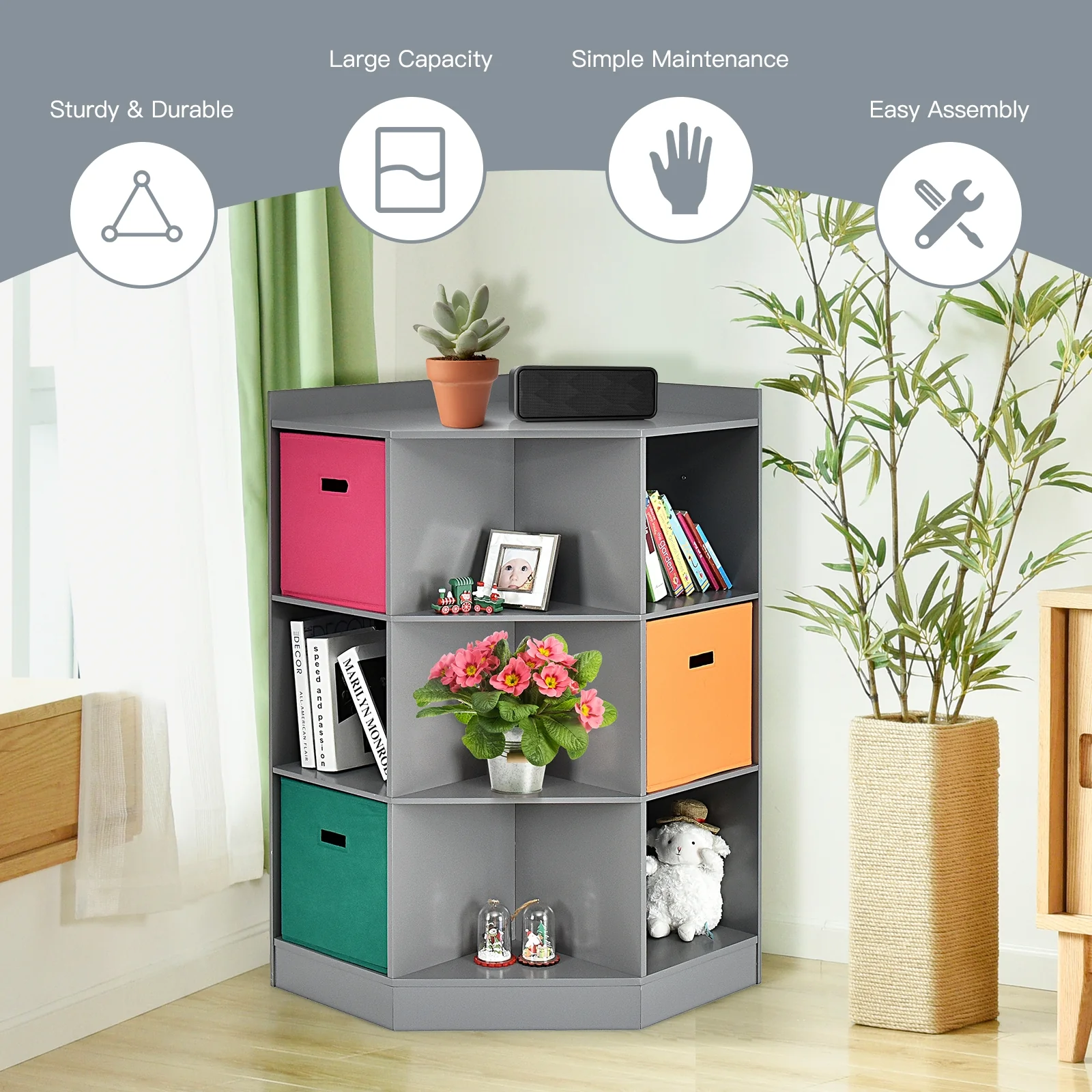 3-Tier Kids Storage Shelf, Corner Cabinet With 3 Baskets, Gray - Image 3