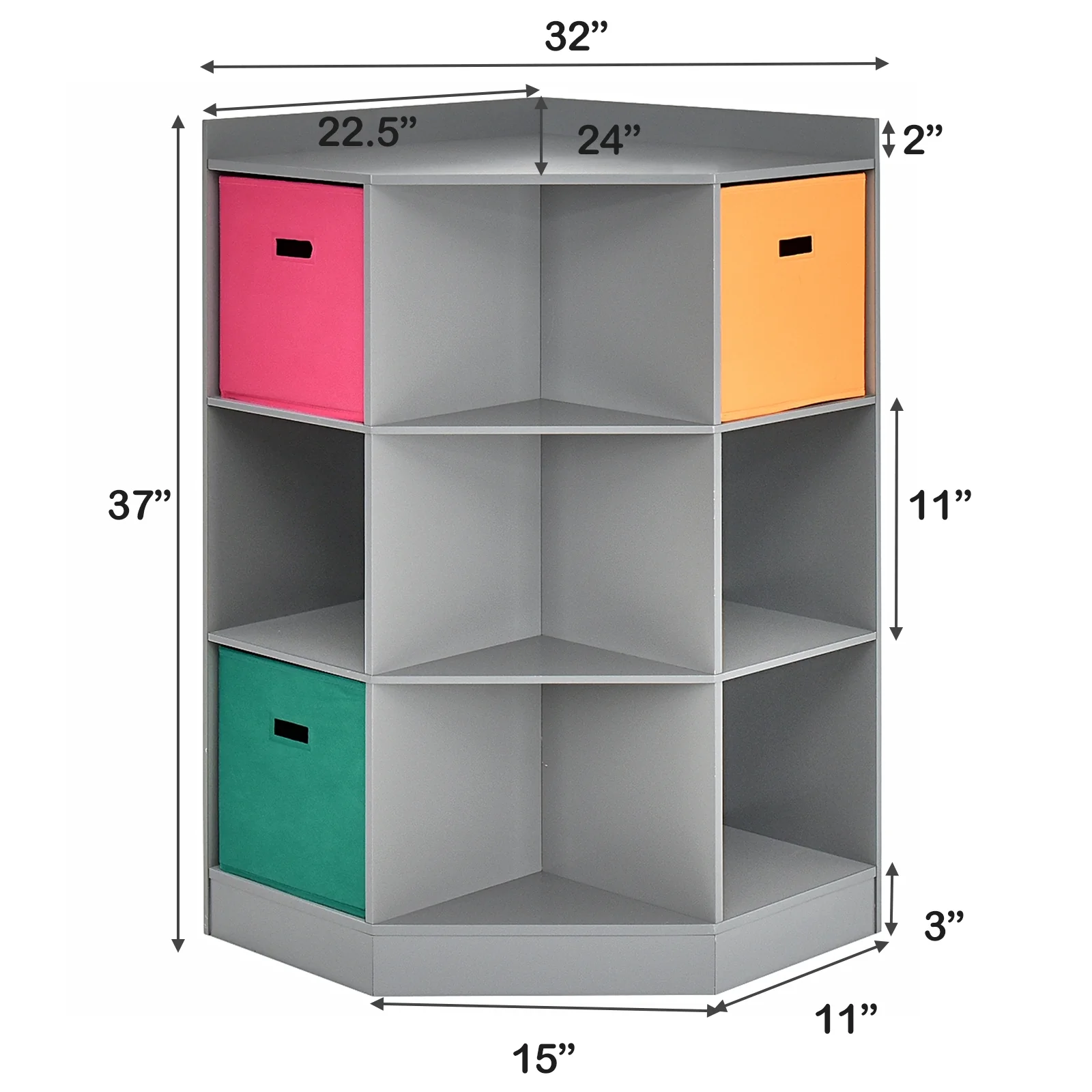 3-Tier Kids Storage Shelf, Corner Cabinet With 3 Baskets, Gray - Image 5