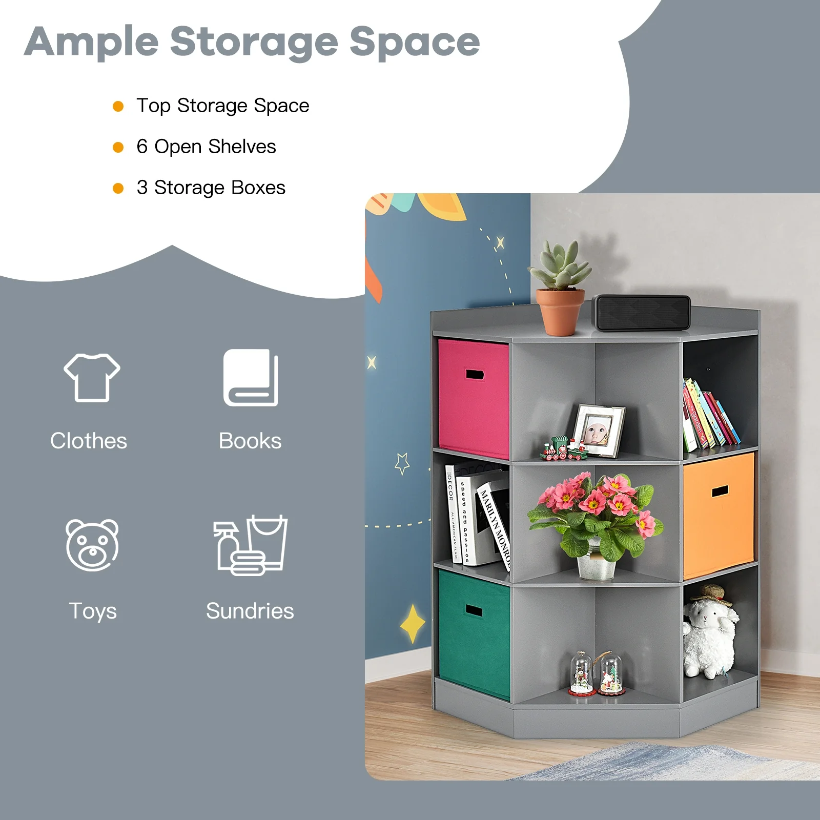3-Tier Kids Storage Shelf, Corner Cabinet With 3 Baskets, Gray - Image 6