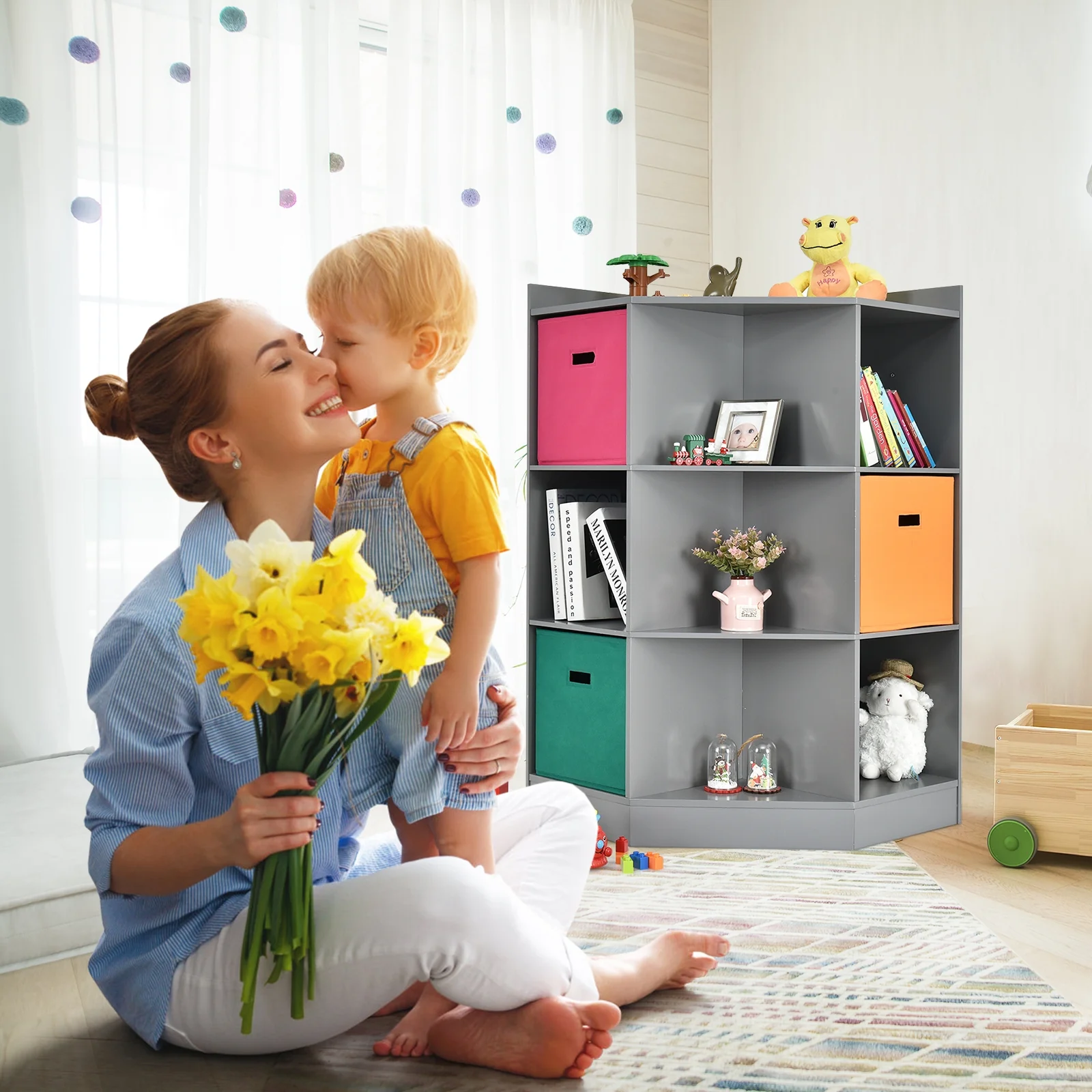 3-Tier Kids Storage Shelf, Corner Cabinet With 3 Baskets, Gray - Image 7