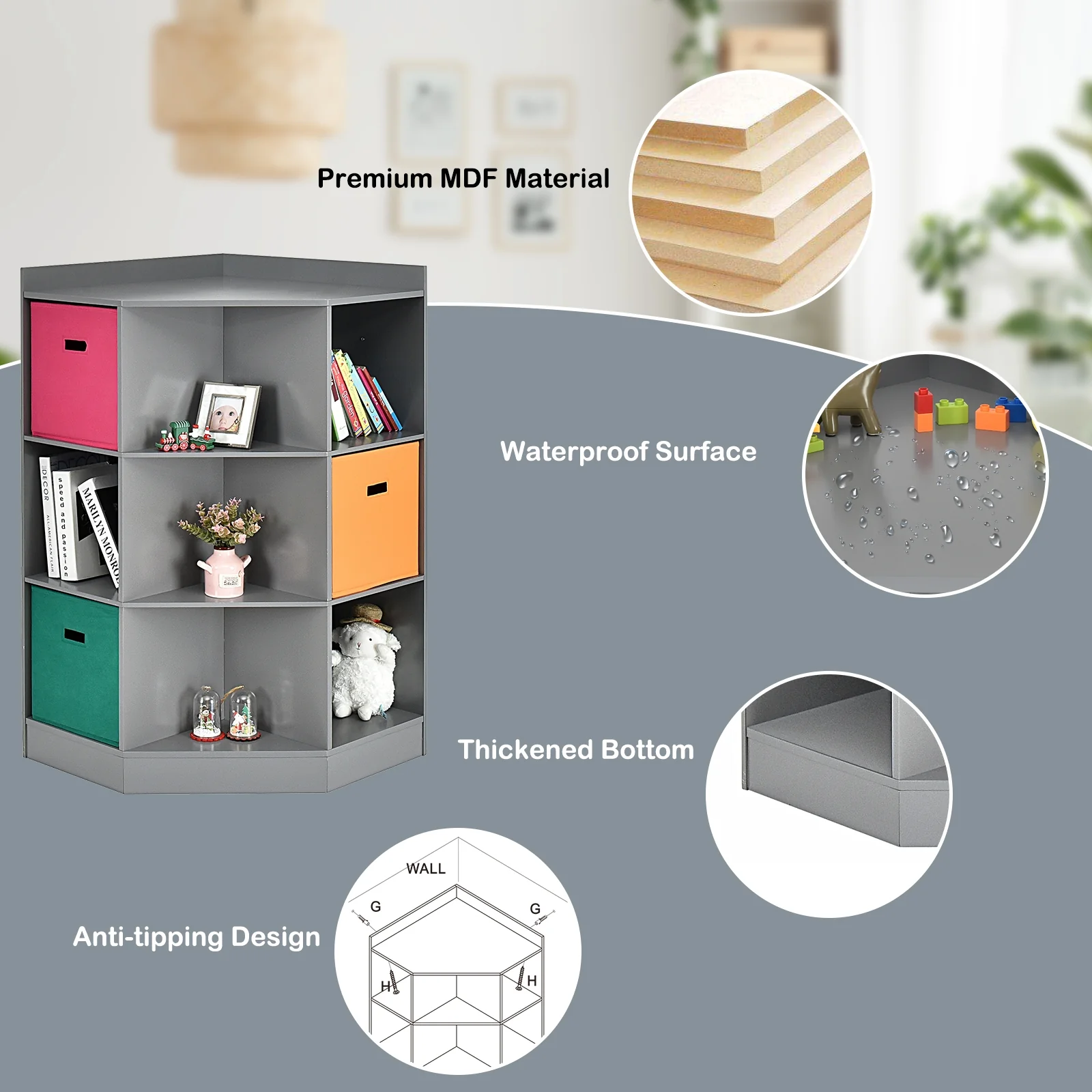 3-Tier Kids Storage Shelf, Corner Cabinet With 3 Baskets, Gray - Image 9