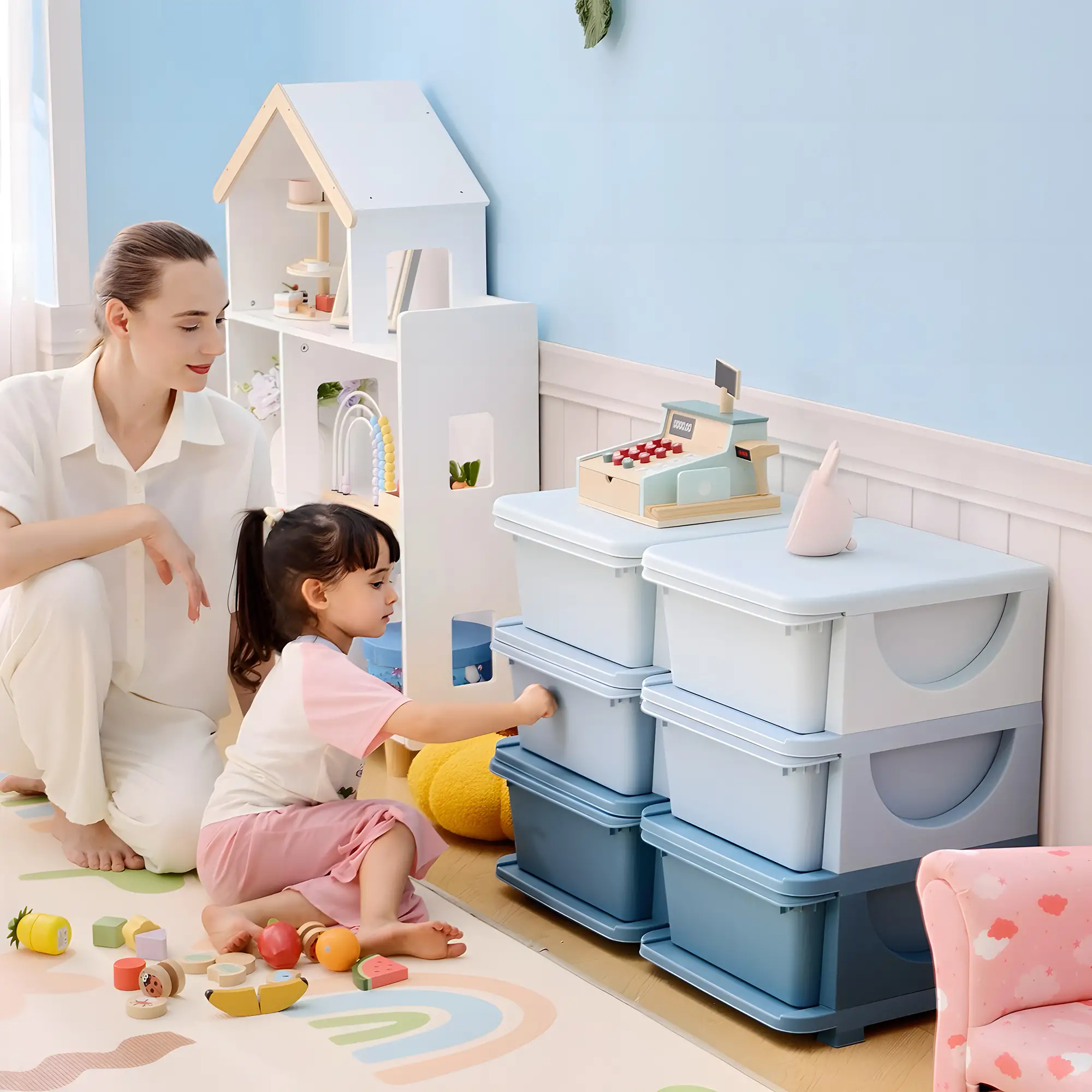3 Tier Kids Toy Organizer, 6 Plastic Drawers, Blue - Image 2