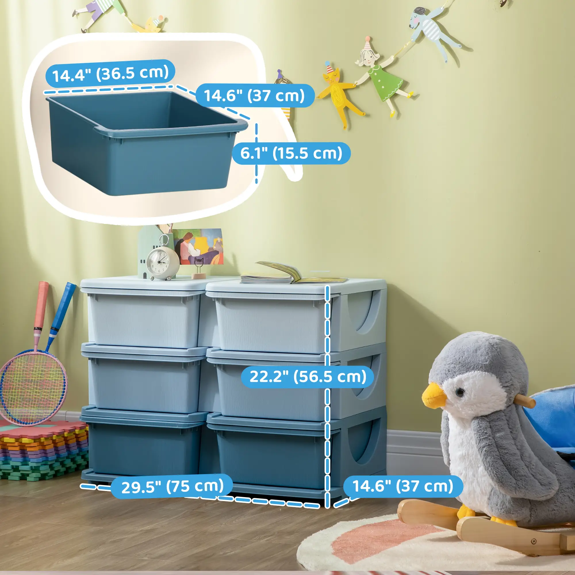 3 Tier Kids Toy Organizer, 6 Plastic Drawers, Blue - Image 3