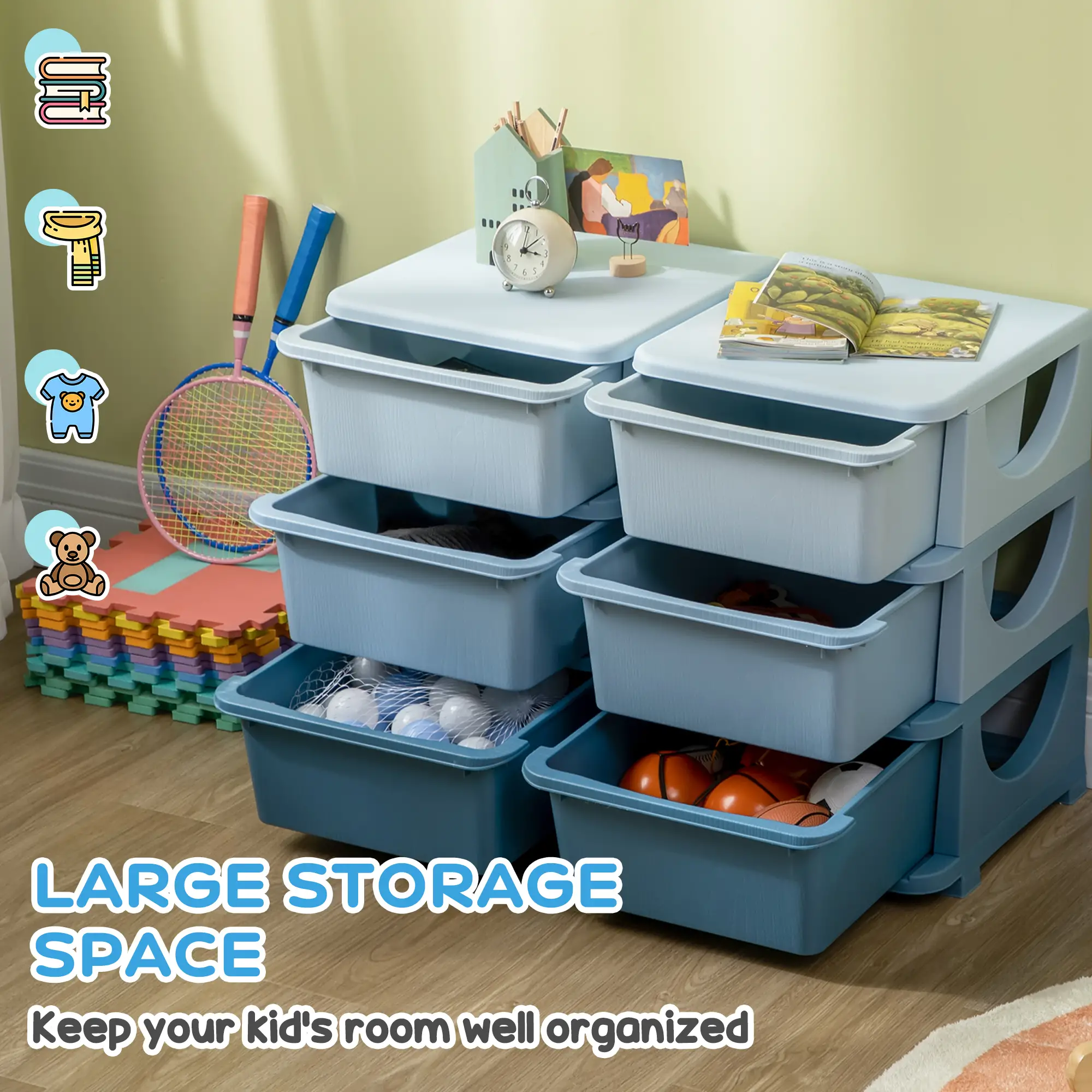 3 Tier Kids Toy Organizer, 6 Plastic Drawers, Blue - Image 4