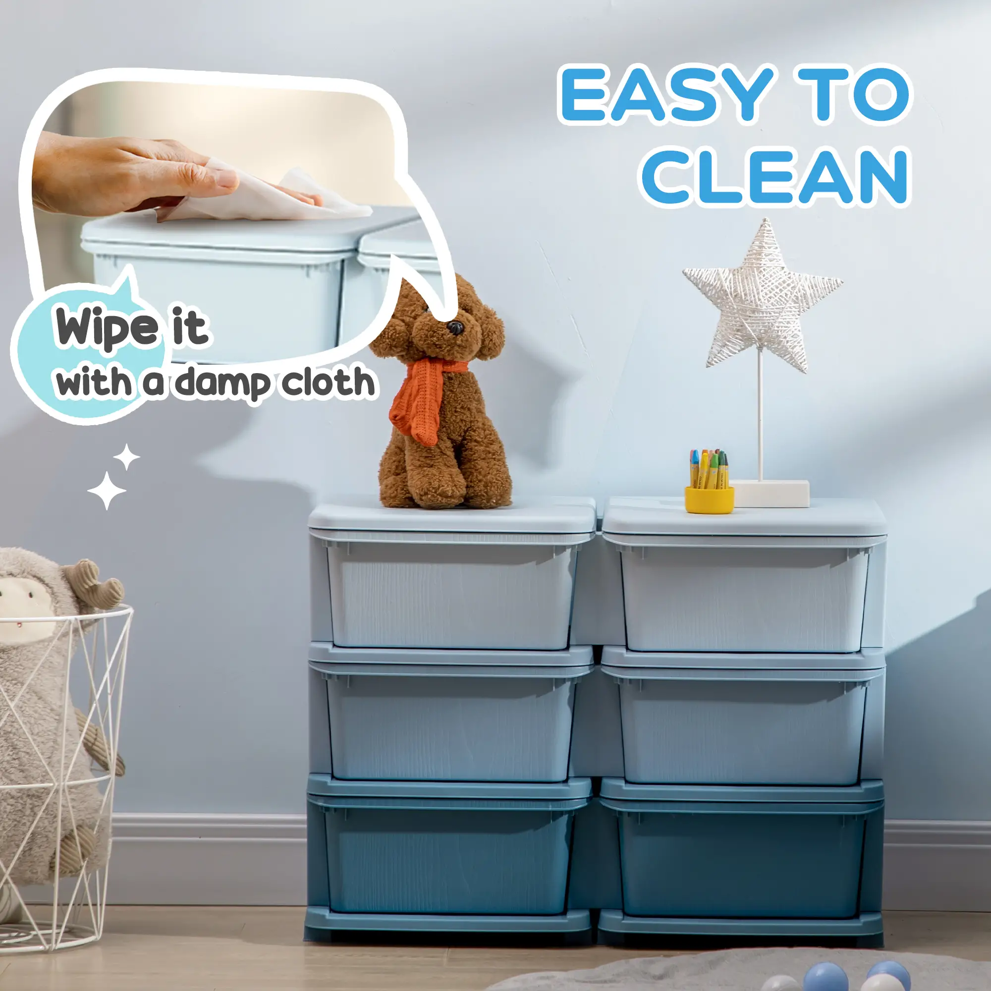 3 Tier Kids Toy Organizer, 6 Plastic Drawers, Blue - Image 6