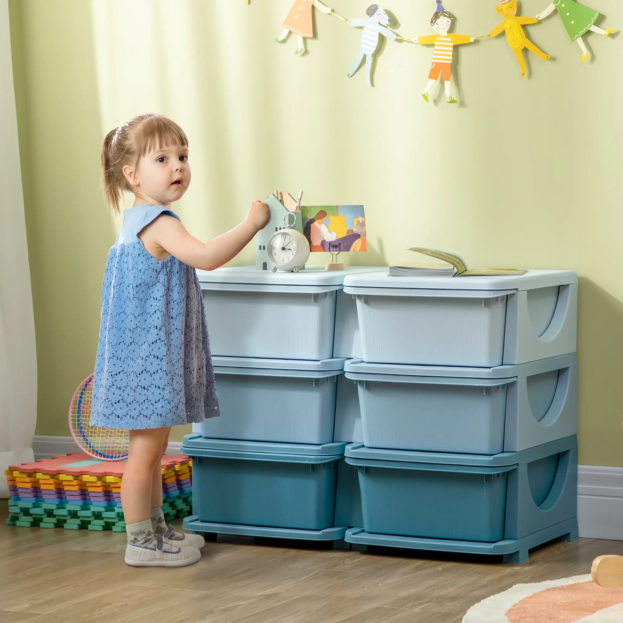 3 Tier Kids Toy Organizer, 6 Plastic Drawers, Blue - Image 9