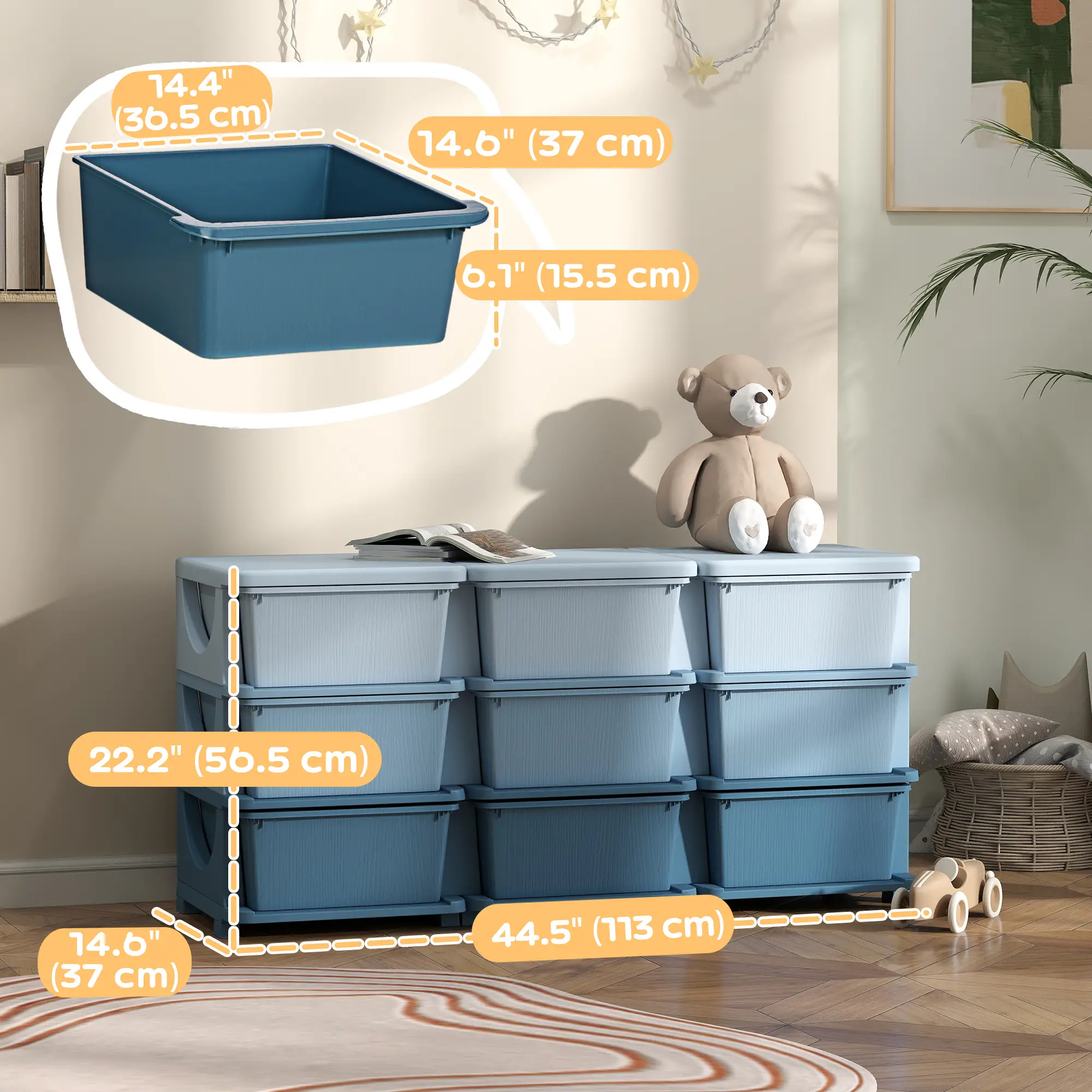 3 Tier Kids Toy Organizer, 9 Plastic Drawers, Blue - Image 3