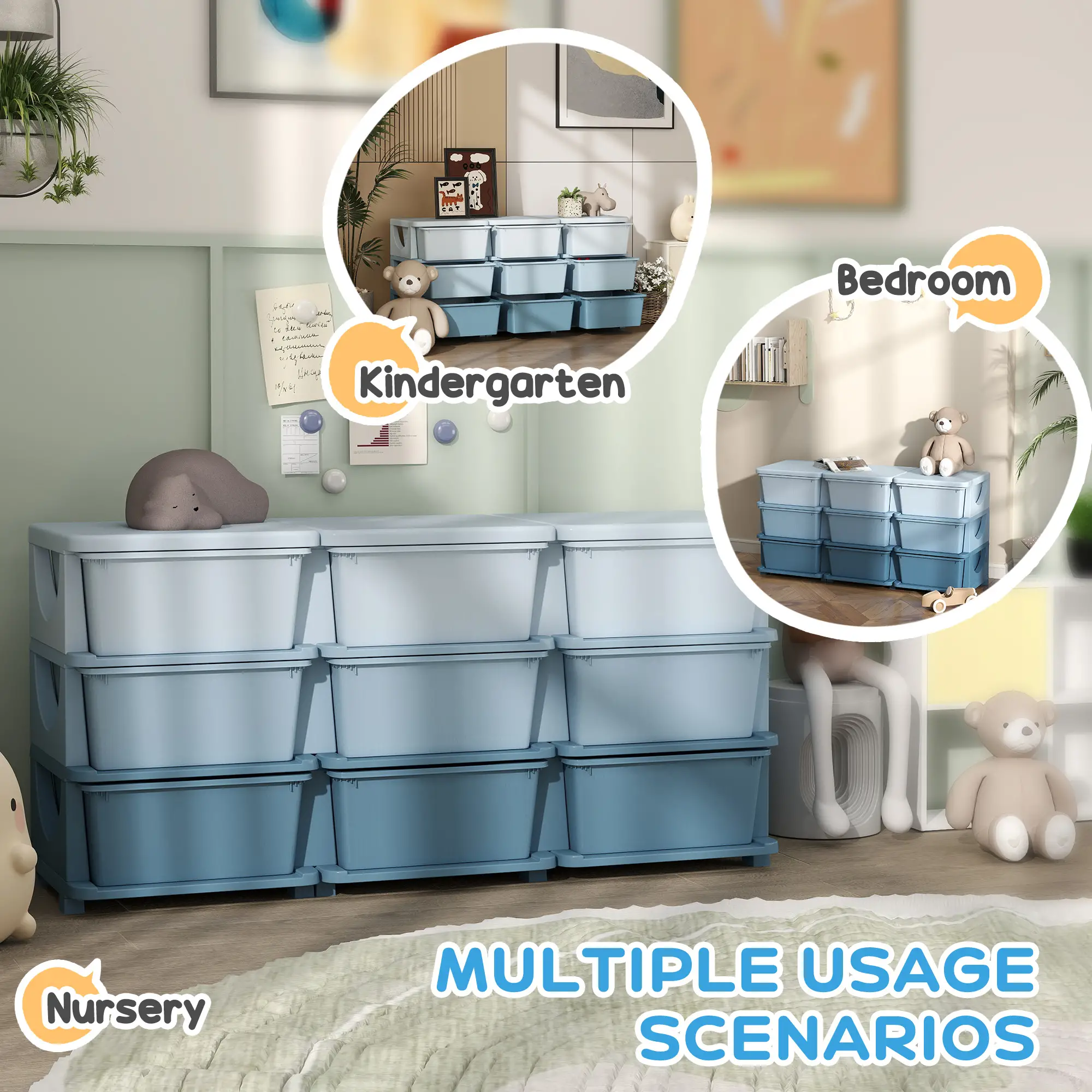 3 Tier Kids Toy Organizer, 9 Plastic Drawers, Blue - Image 5