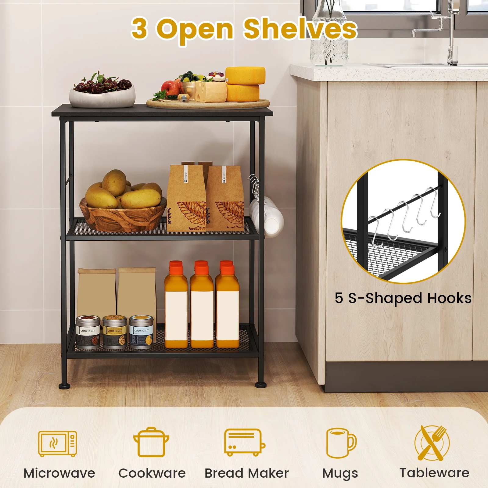 3-Tier Kitchen Cart, Microwave Rack With Hooks, Black - Image 10