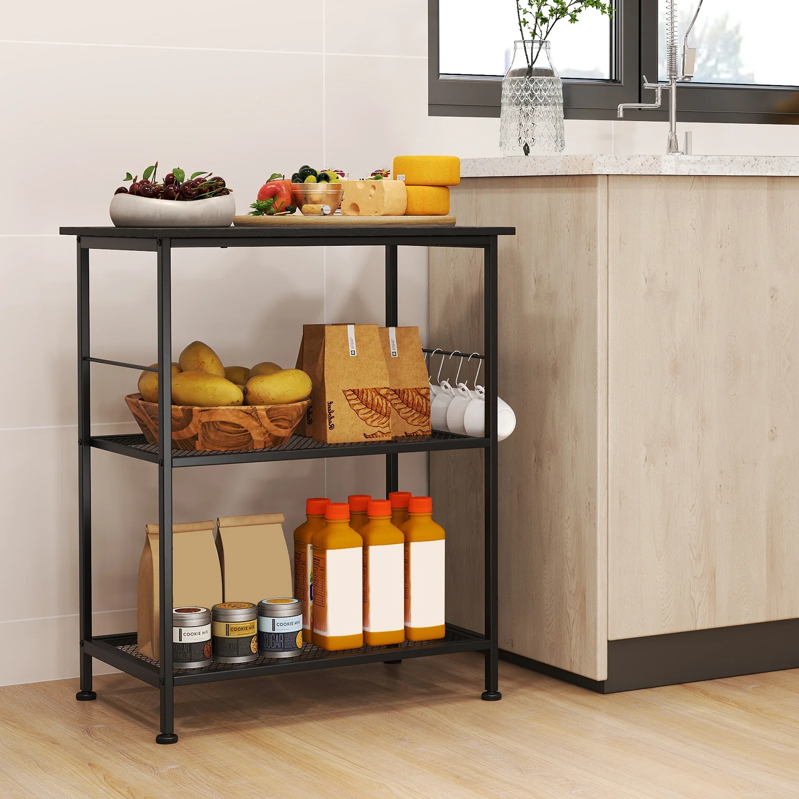3-Tier Kitchen Cart, Microwave Rack With Hooks, Black - Image 2