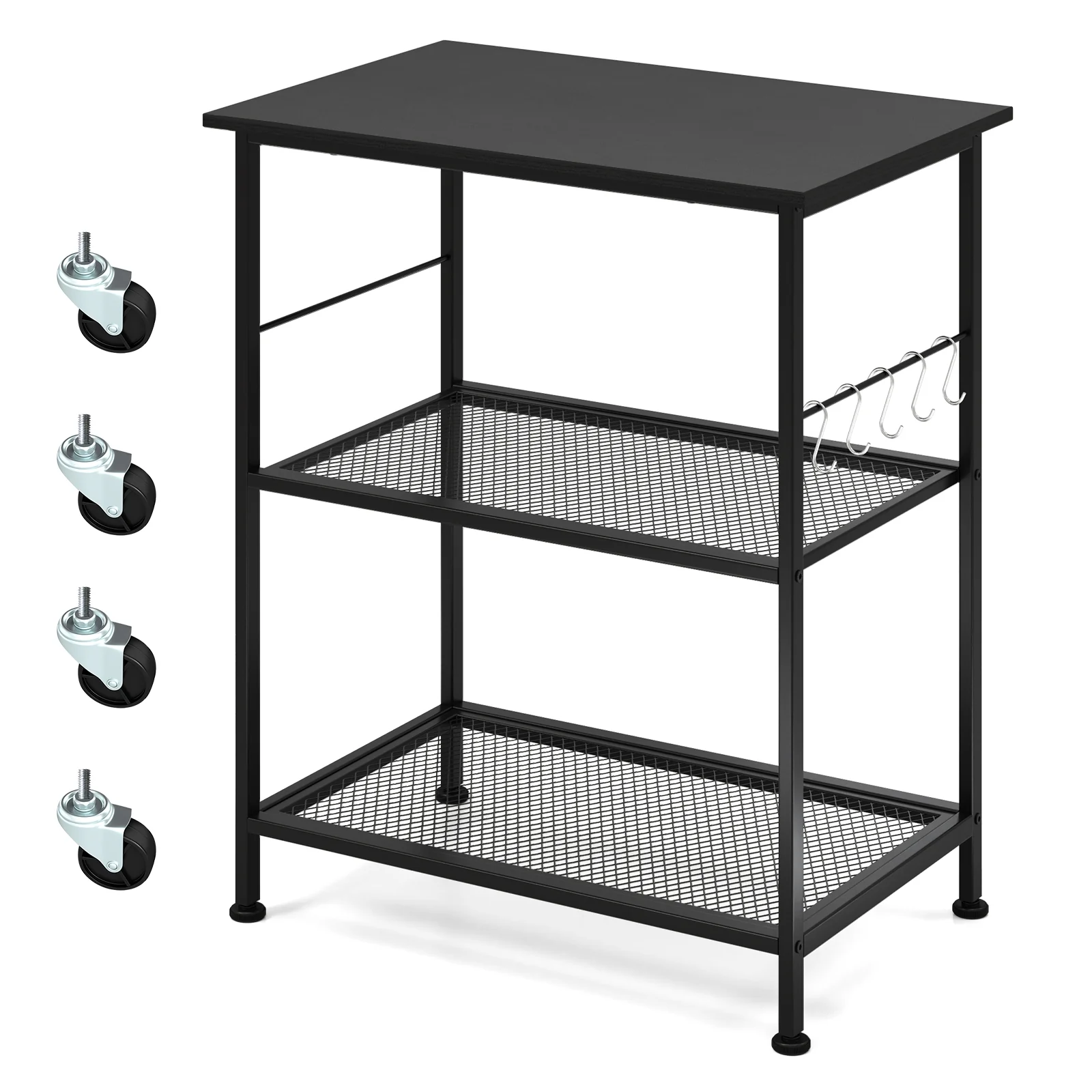 3-Tier Kitchen Cart, Microwave Rack With Hooks, Black - Image 4