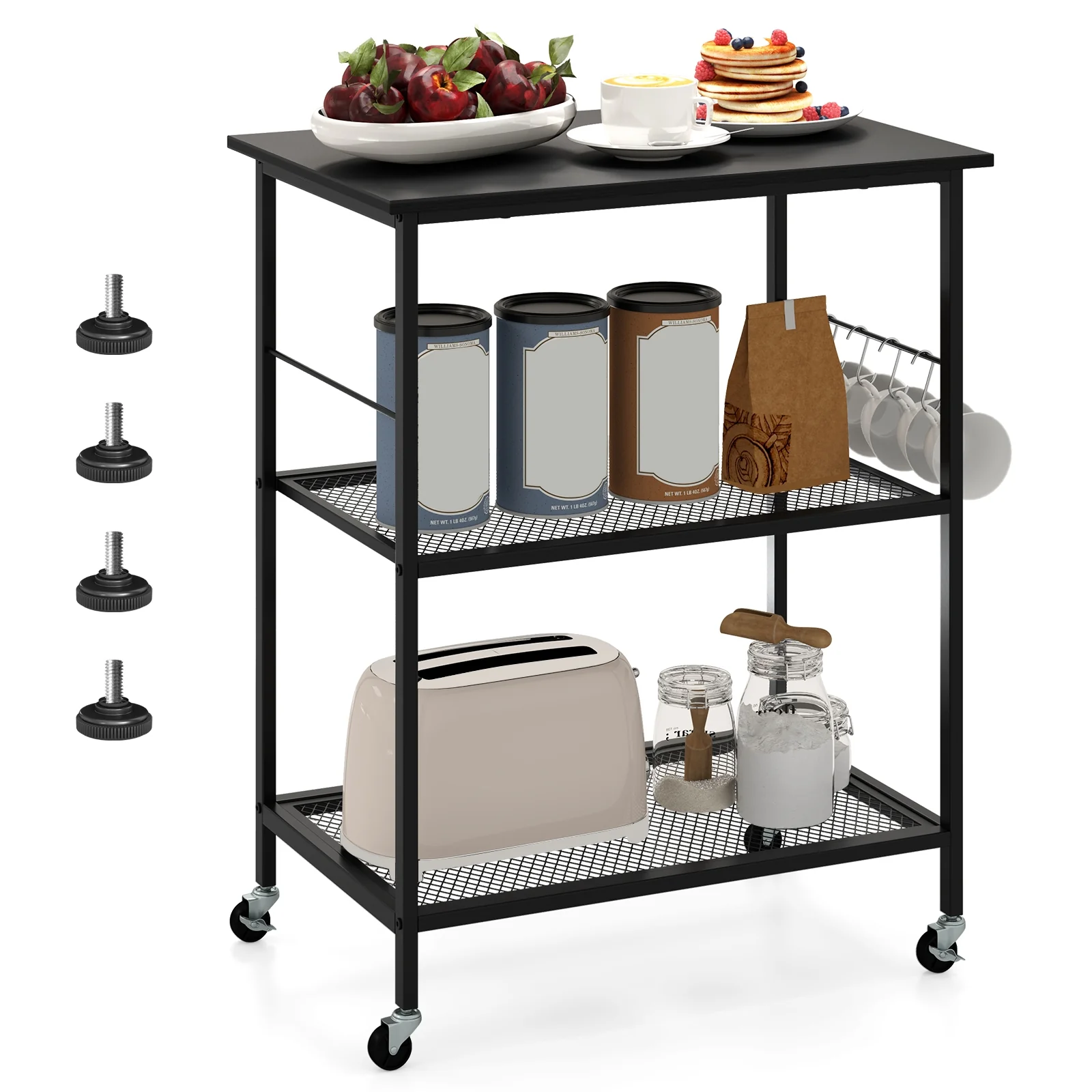 3-Tier Kitchen Cart, Microwave Rack With Hooks, Black - Image 5