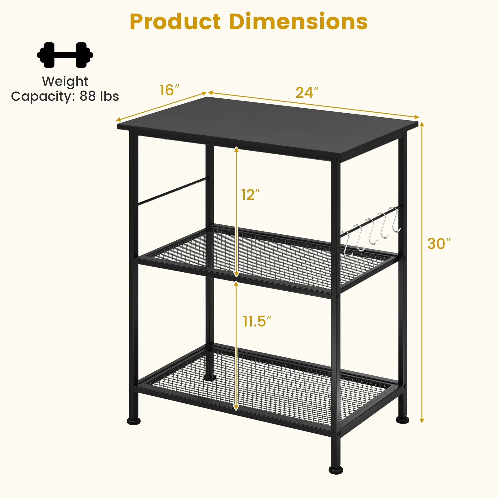 3-Tier Kitchen Cart, Microwave Rack With Hooks, Black - Image 6