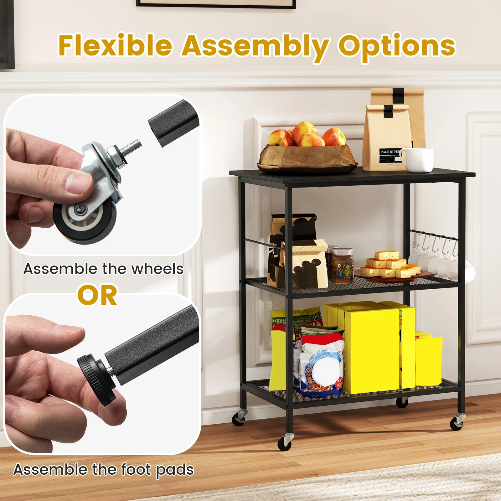 3-Tier Kitchen Cart, Microwave Rack With Hooks, Black - Image 8