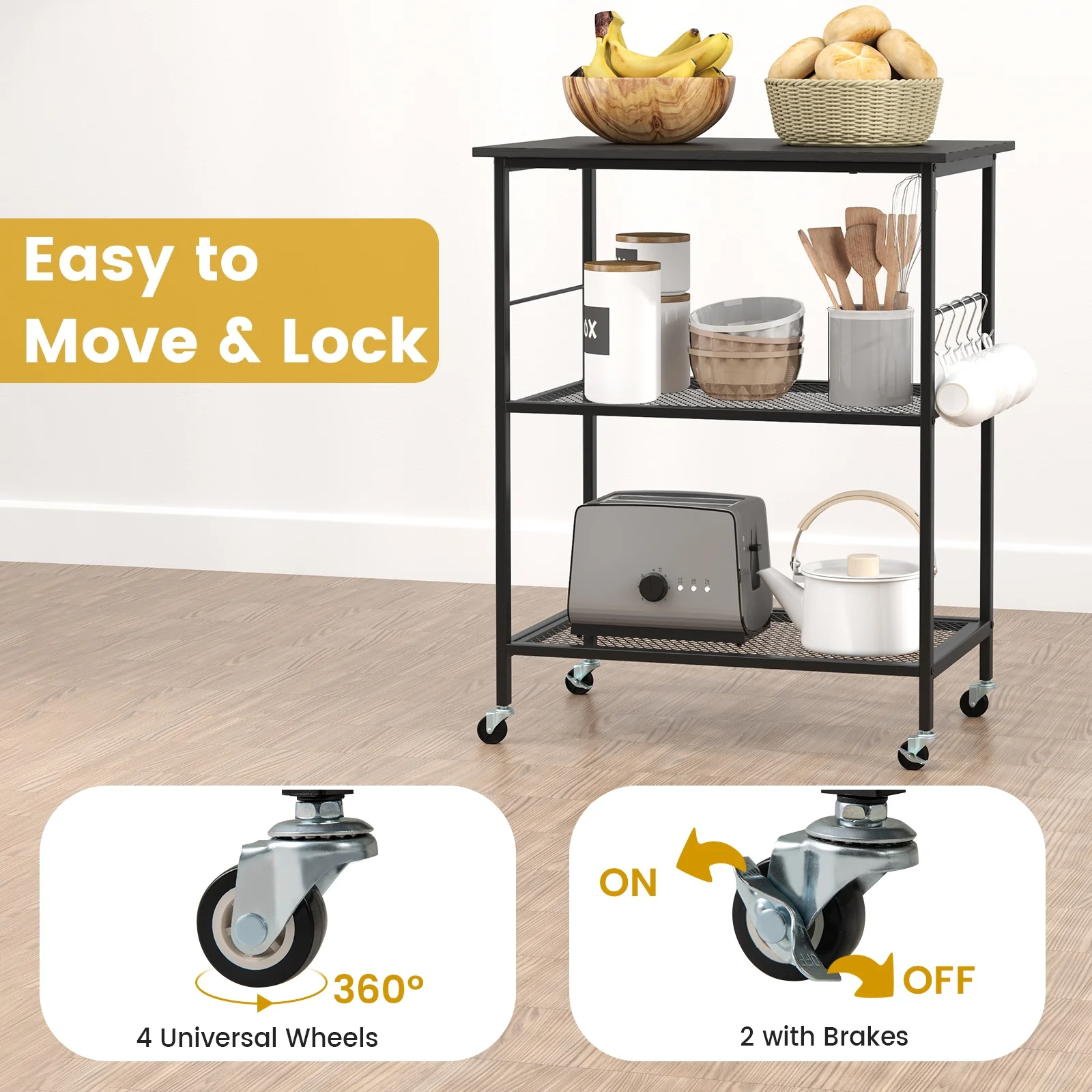 3-Tier Kitchen Cart, Microwave Rack With Hooks, Black - Image 9
