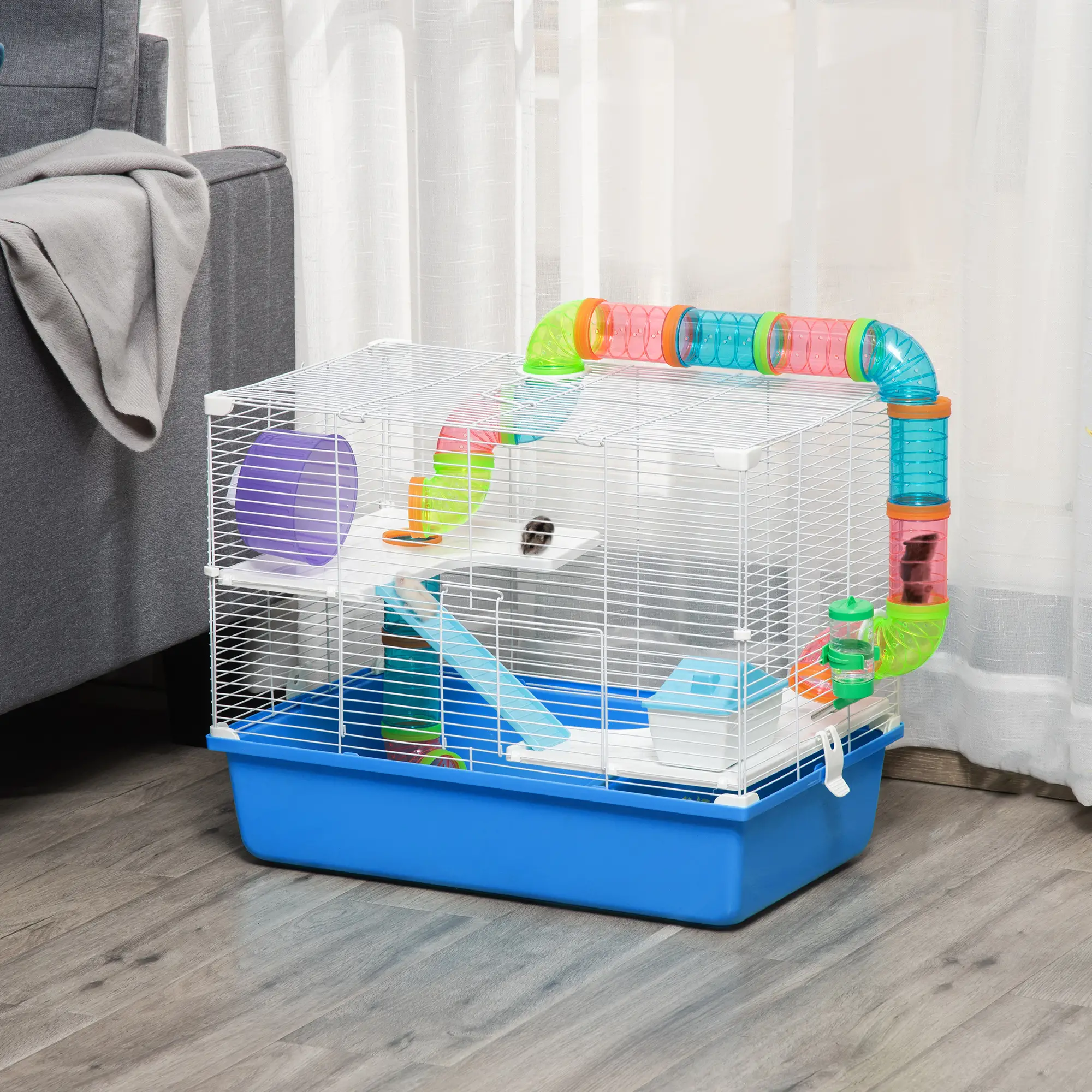3-Tier Large Steel Small Animal Cage, Exercise Wheel, Water Bottle, Food Dish, Blue - Image 2