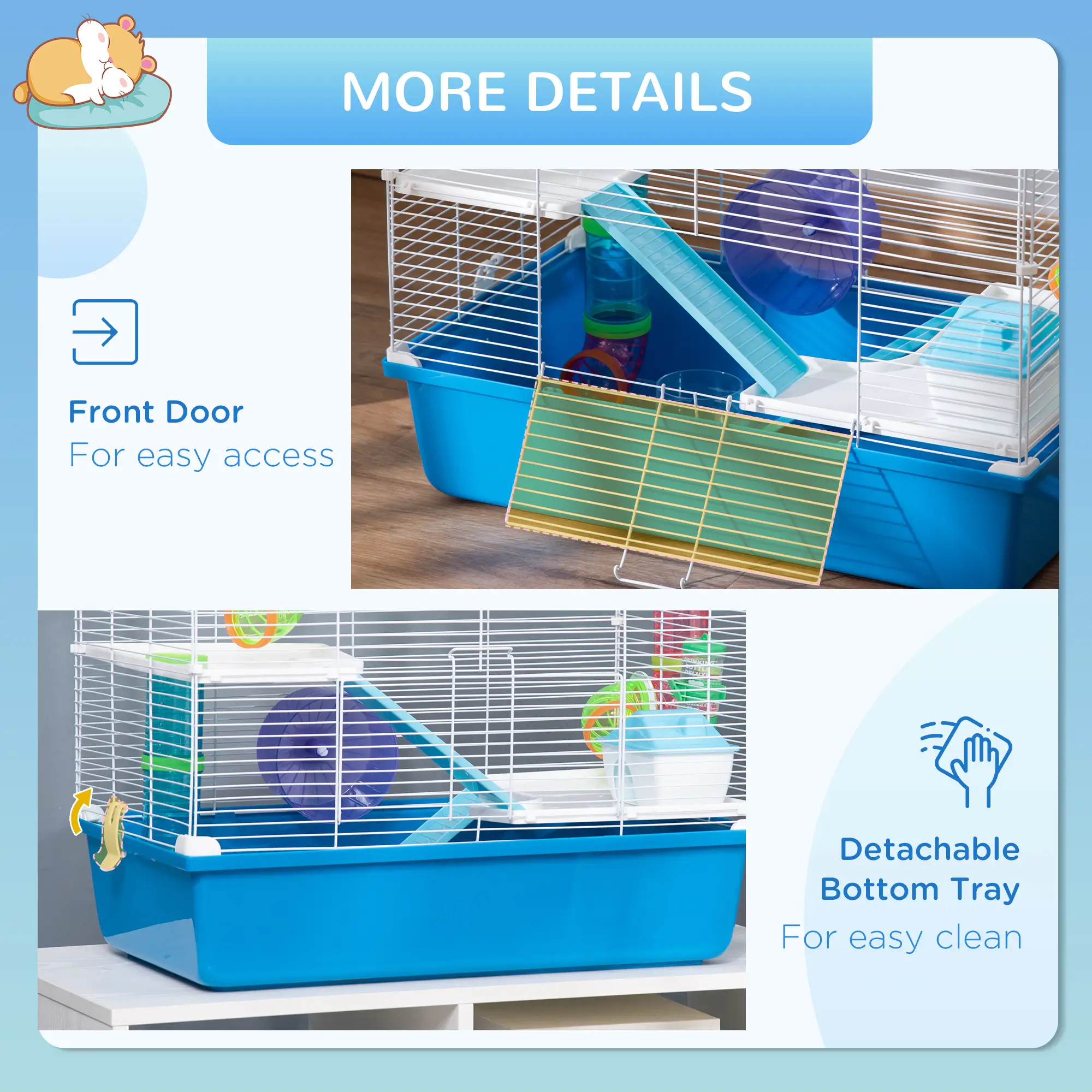 3-Tier Large Steel Small Animal Cage, Exercise Wheel, Water Bottle, Food Dish, Blue - Image 6