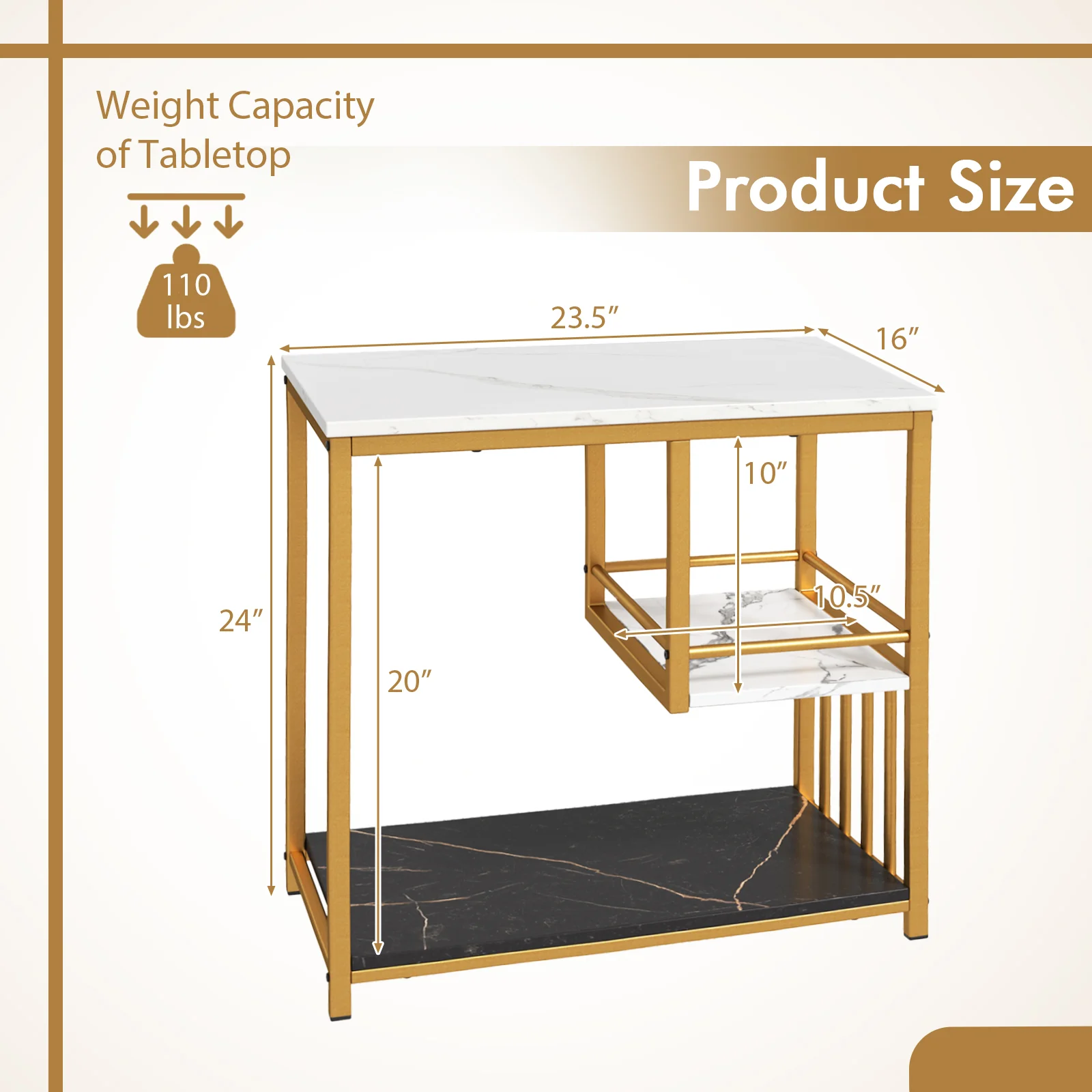 3-Tier Marble End Table, Storage Shelf, Golden - Image 6