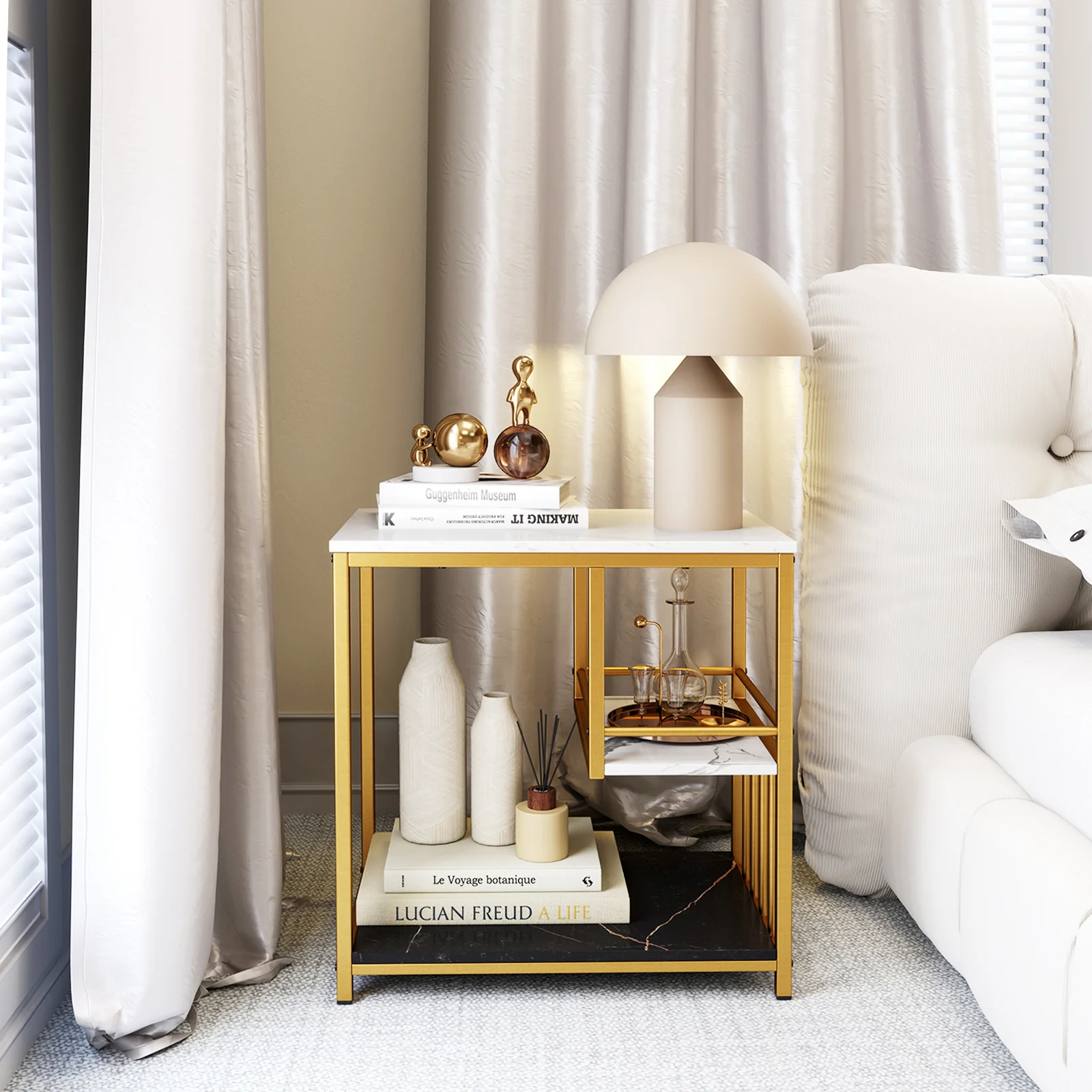 3-Tier Marble End Table, Storage Shelf, Golden - Image 8