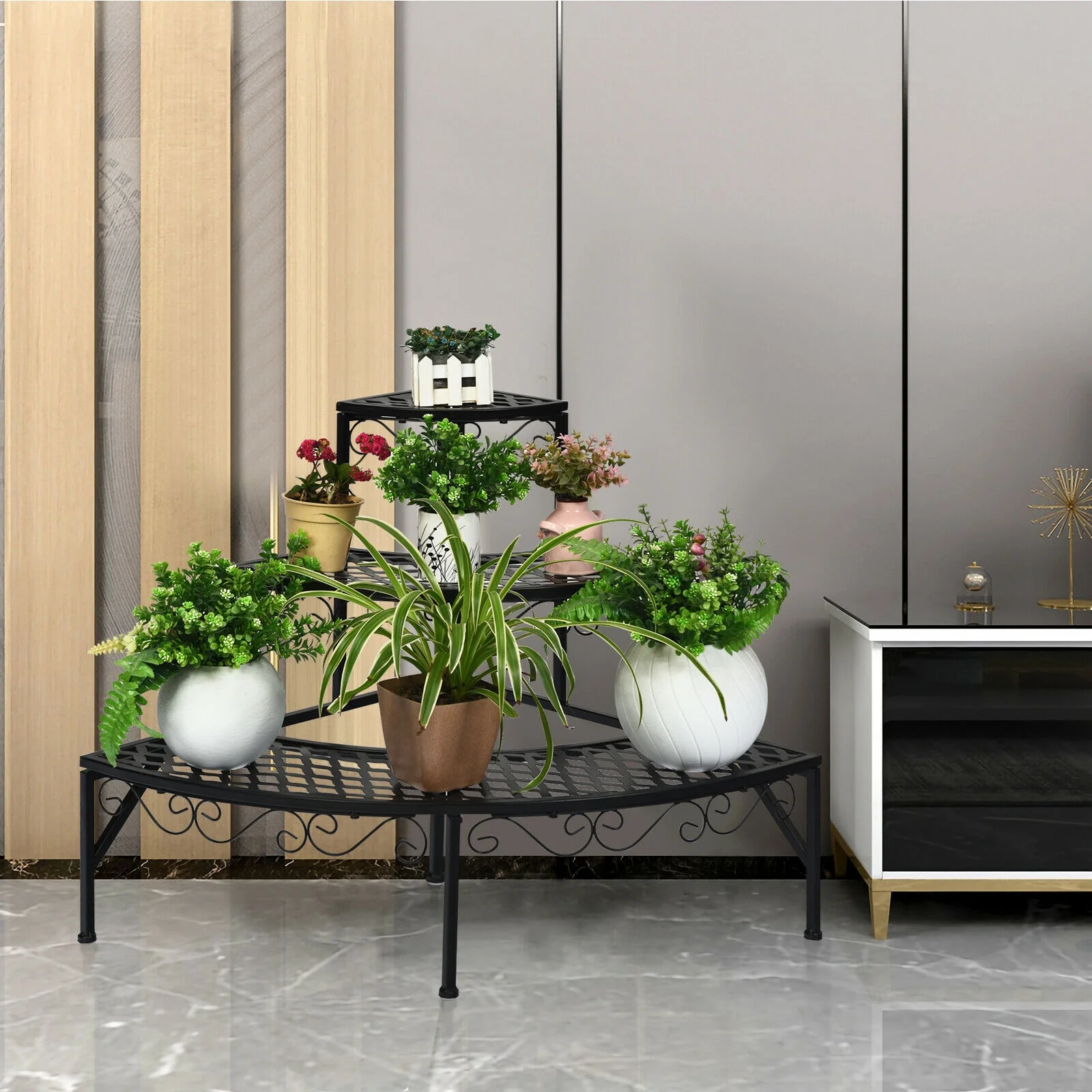 3 Tier Metal Corner Plant Display Rack, Black - Image 2