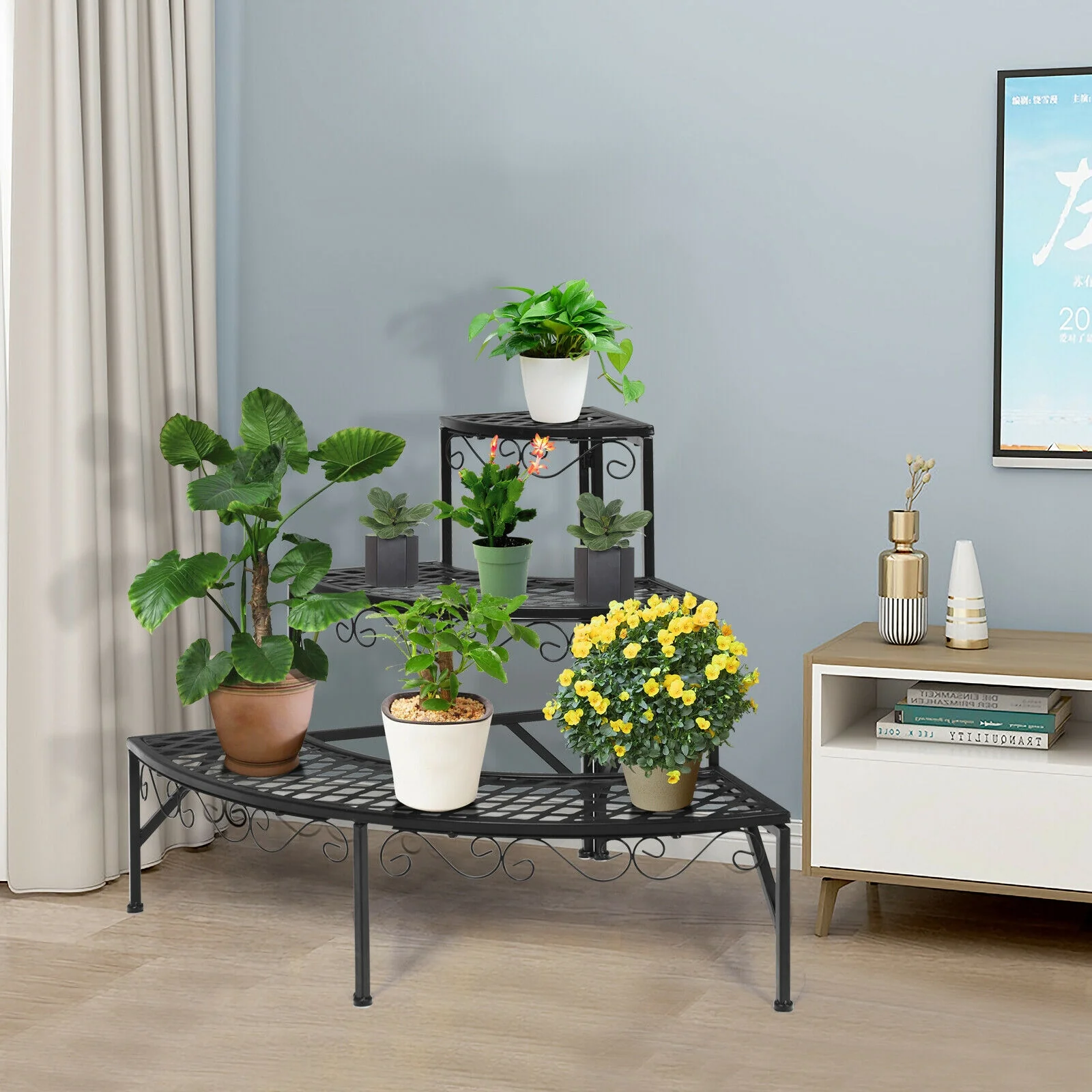 3 Tier Metal Corner Plant Display Rack, Black - Image 3