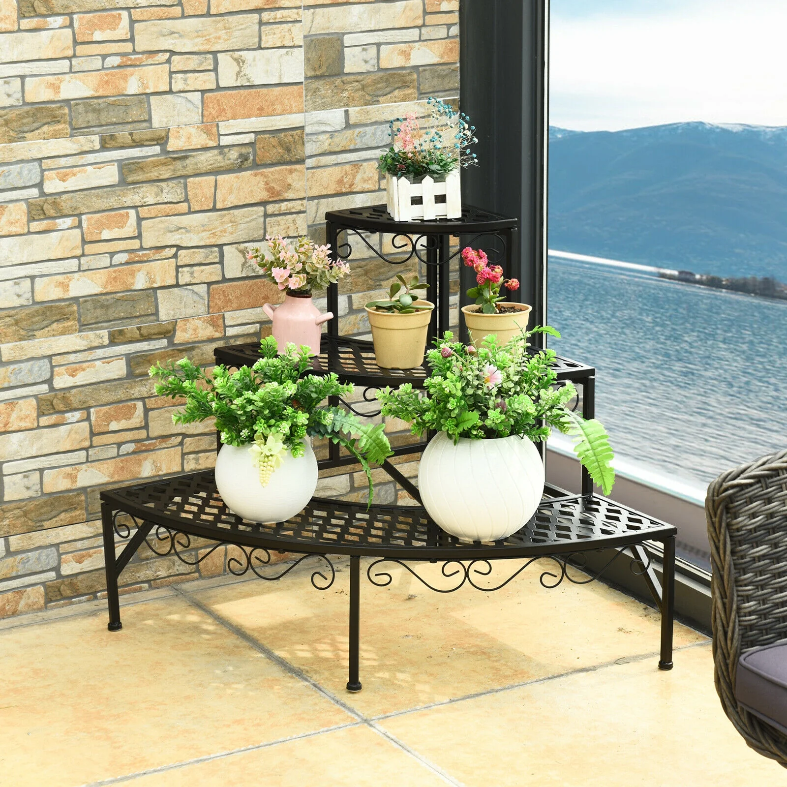 3 Tier Metal Corner Plant Display Rack, Black - Image 7