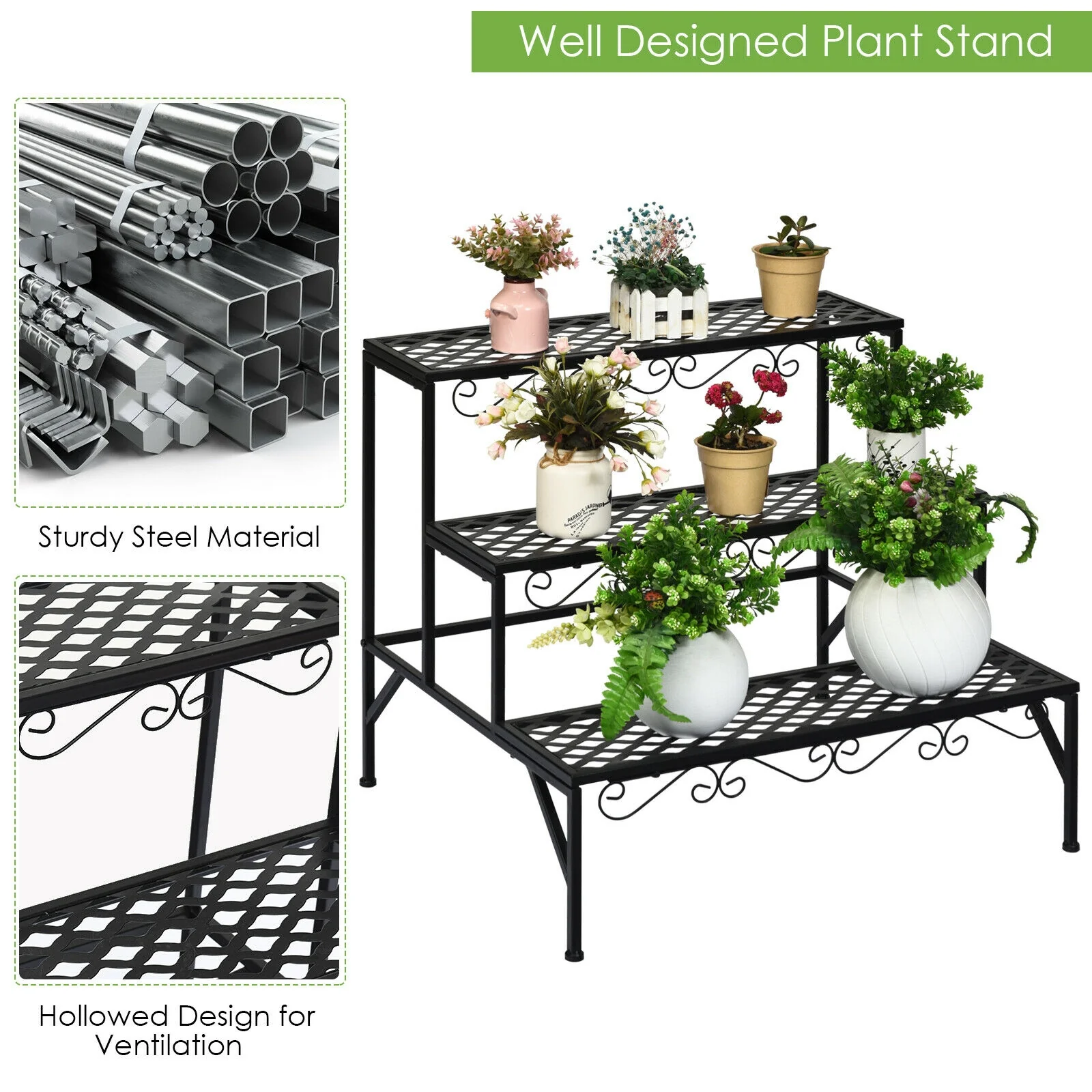 3-Tier Metal Plant Stand, Black - Image 10